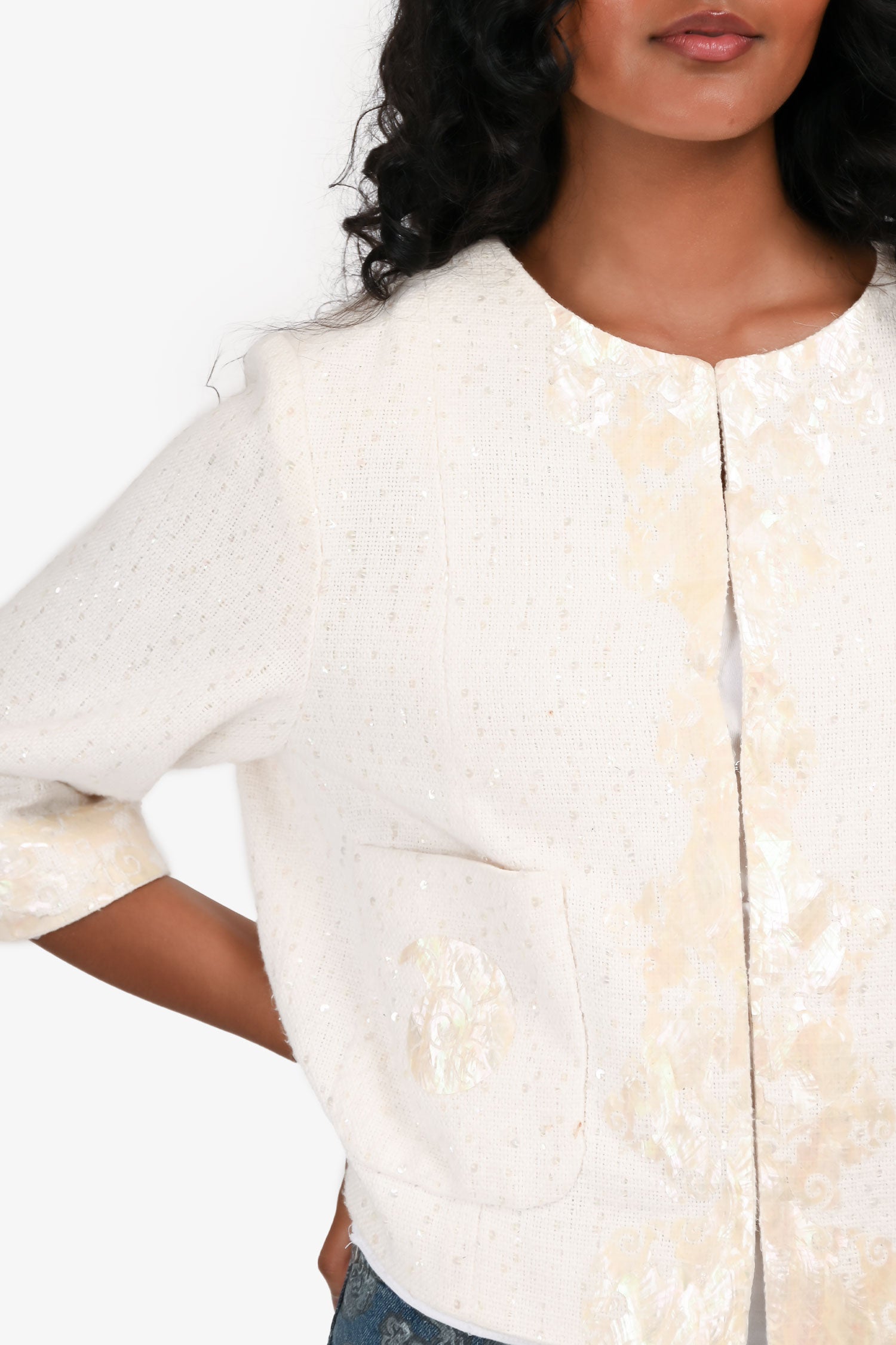 Pre-Loved Chanel™ 2012 Cream Sequin Tweed Seashell Mosaic Jacket Size FR 40