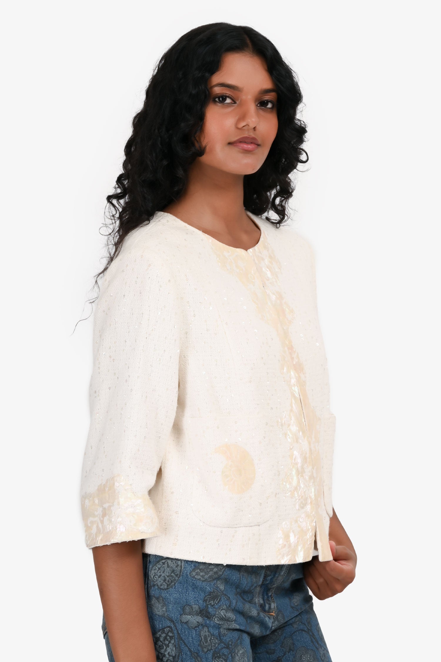 Pre-Loved Chanel™ 2012 Cream Sequin Tweed Seashell Mosaic Jacket Size FR 40