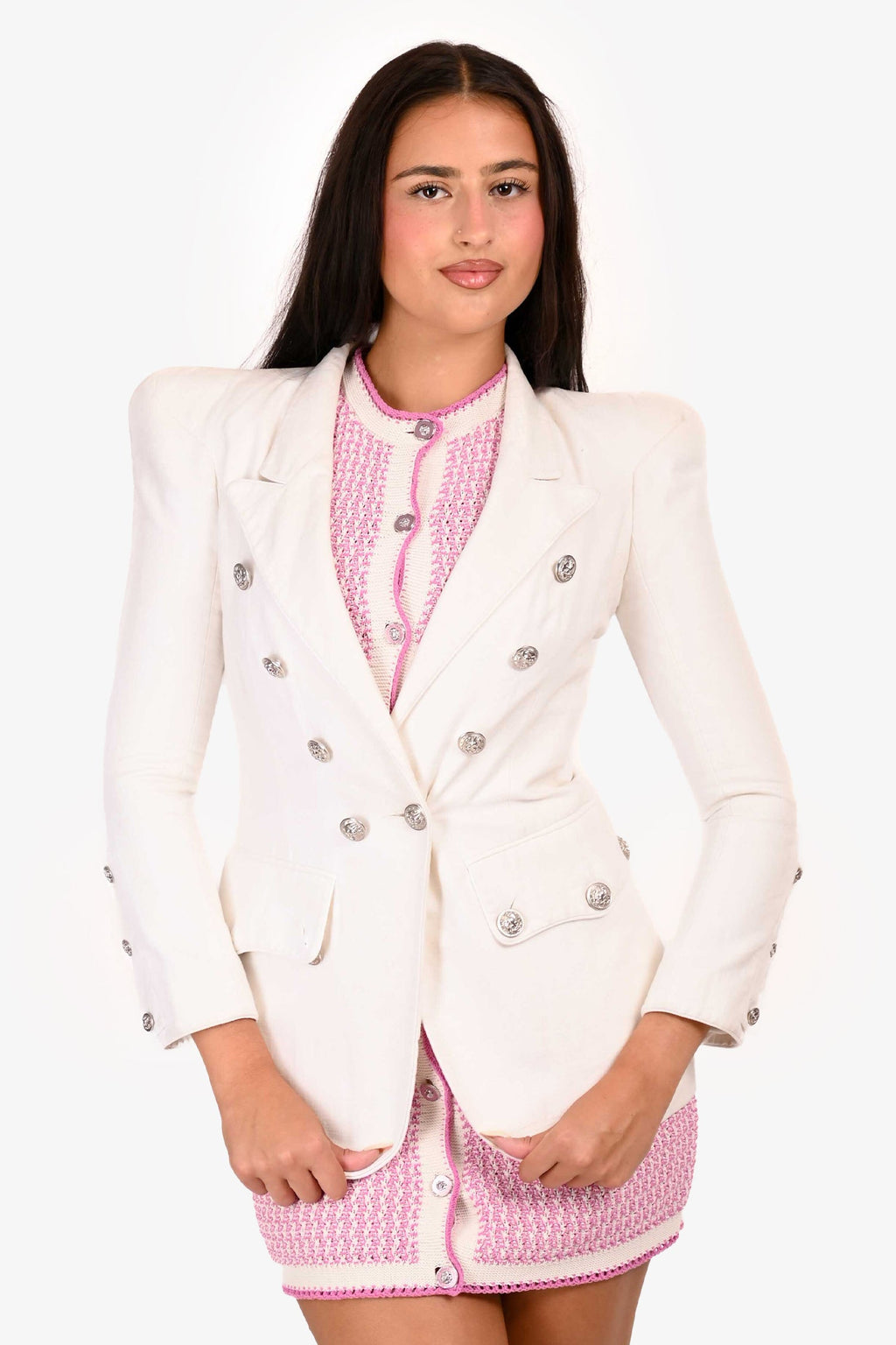 Balmain White Padded Shoulder Denim Jacket Size 40