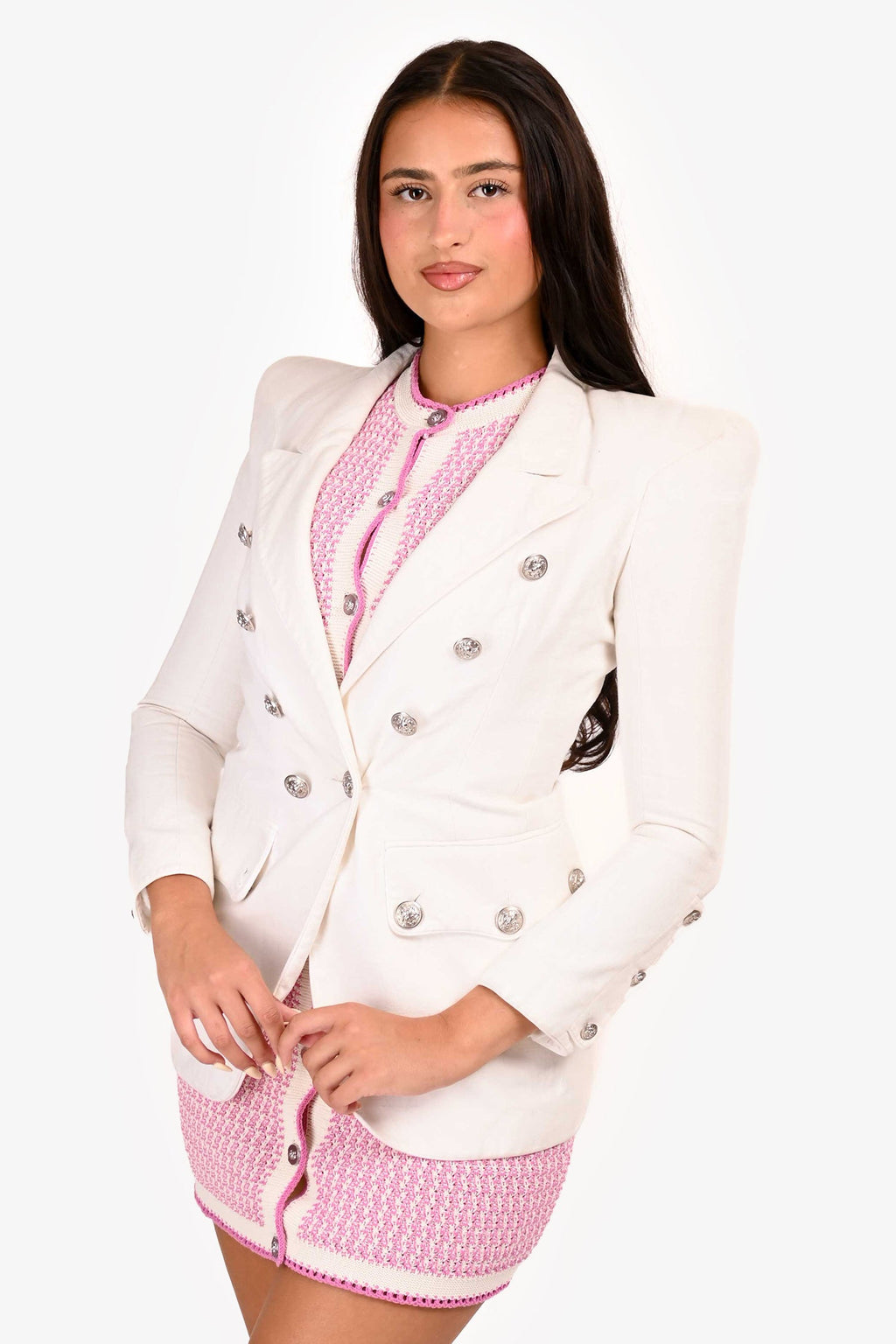 Balmain White Padded Shoulder Denim Jacket Size 40