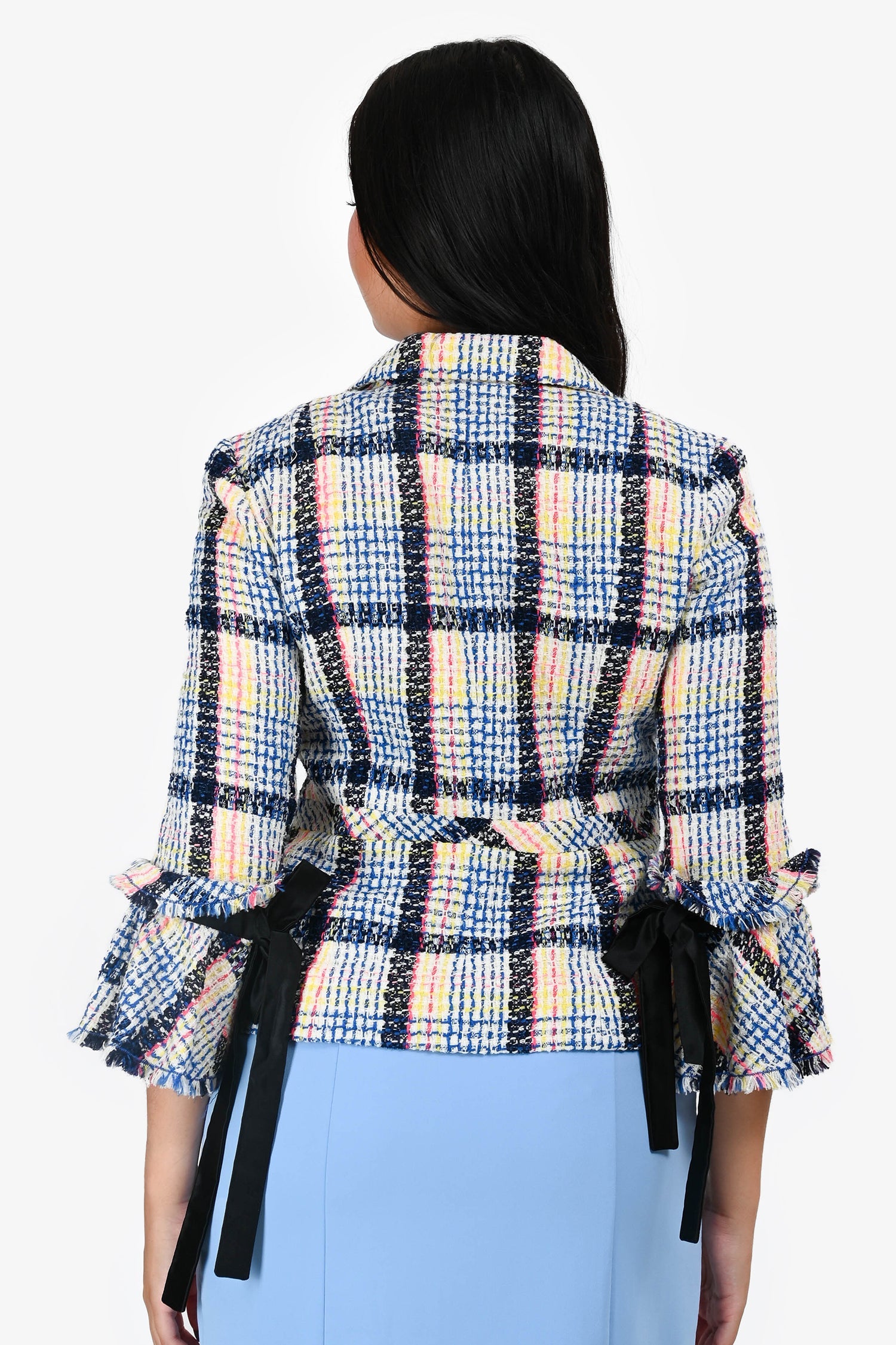 Pre-Loved Chanel™ 2009 Blue Wool Blend Tweed Blazer with Tie Sleeve Cuff Size 40