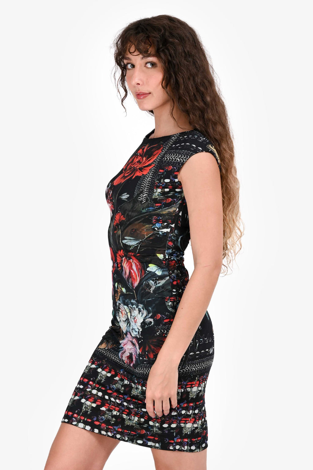 Roberto Cavalli Black/Red Floral Sleeveless Midi Dress Size 40