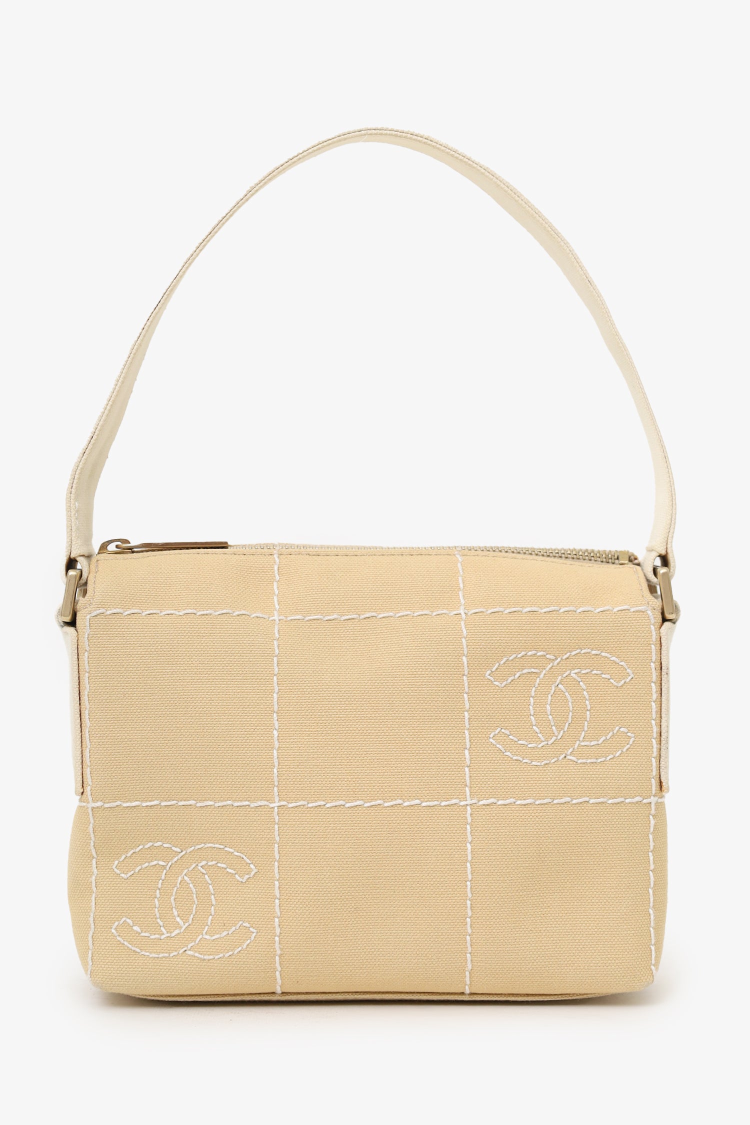 Pre-Loved Chanel™ 2003-04 Beige Canvas Chocolate Bar Mini Pochette