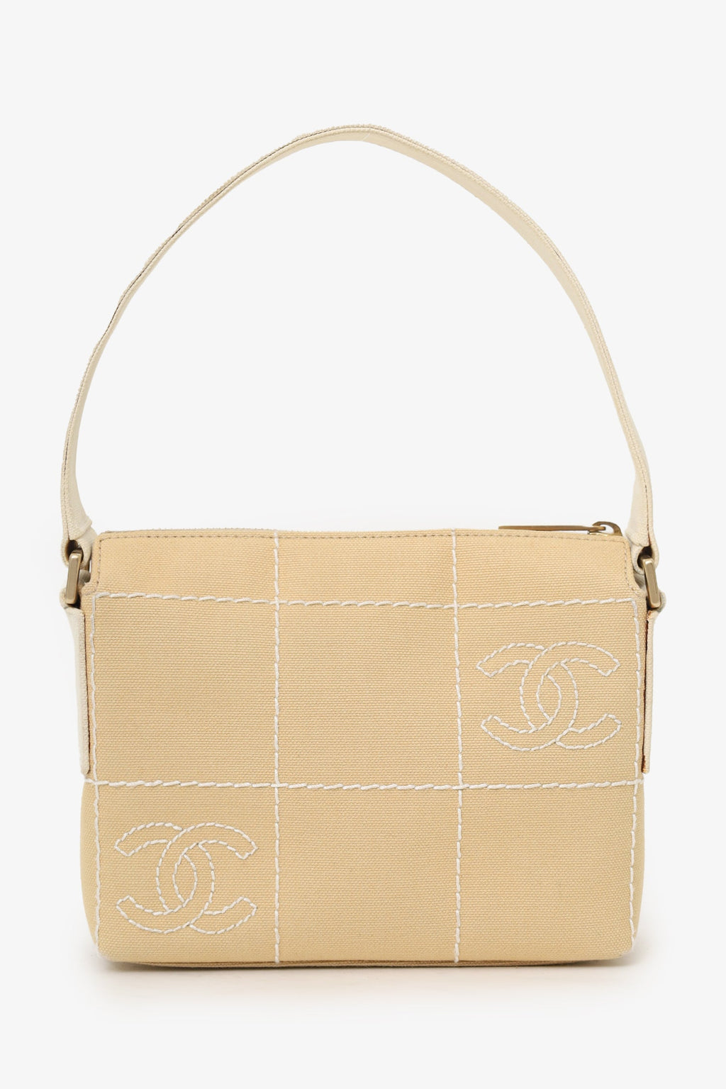 Pre-Loved Chanel™ 2003-04 Beige Canvas Chocolate Bar Mini Pochette