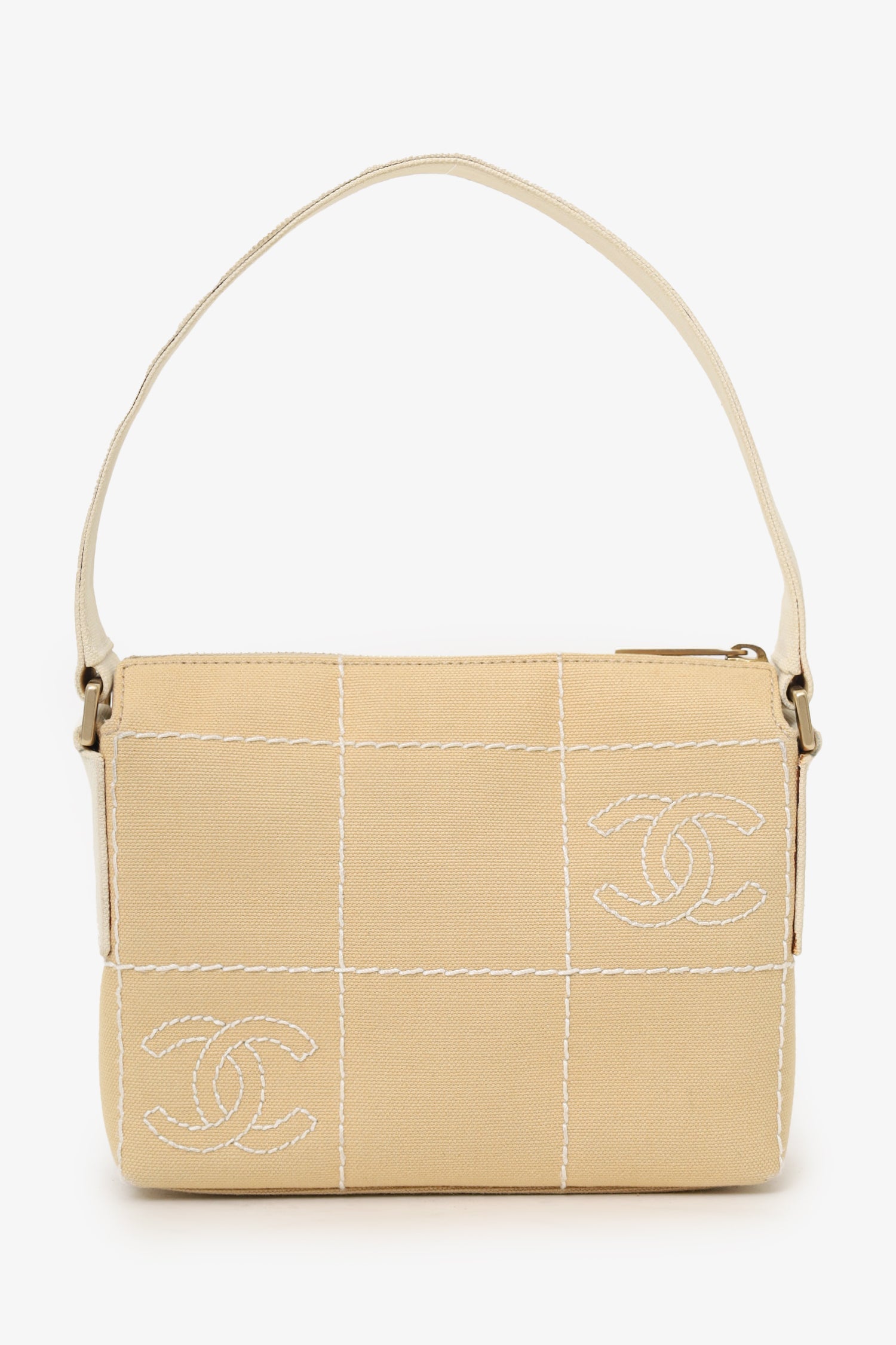 Pre-Loved Chanel™ 2003-04 Beige Canvas Chocolate Bar Mini Pochette