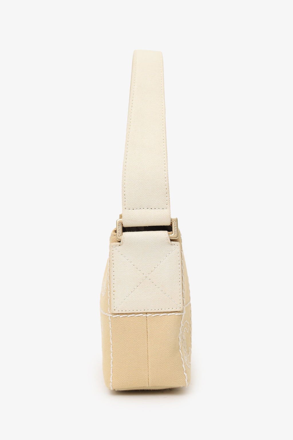 Pre-Loved Chanel™ 2003-04 Beige Canvas Chocolate Bar Mini Pochette