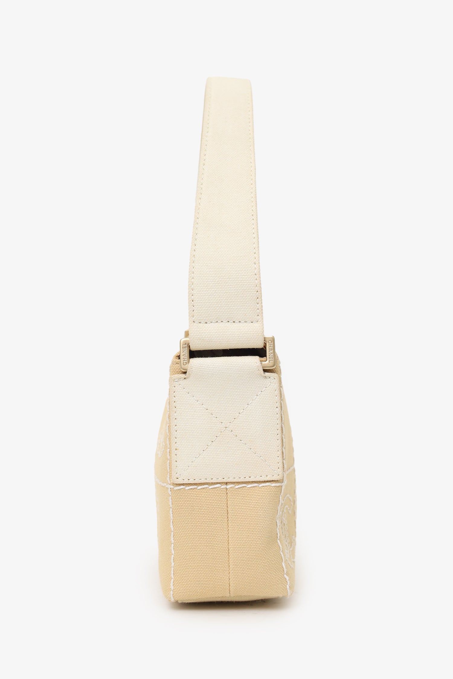 Pre-Loved Chanel™ 2003-04 Beige Canvas Chocolate Bar Mini Pochette
