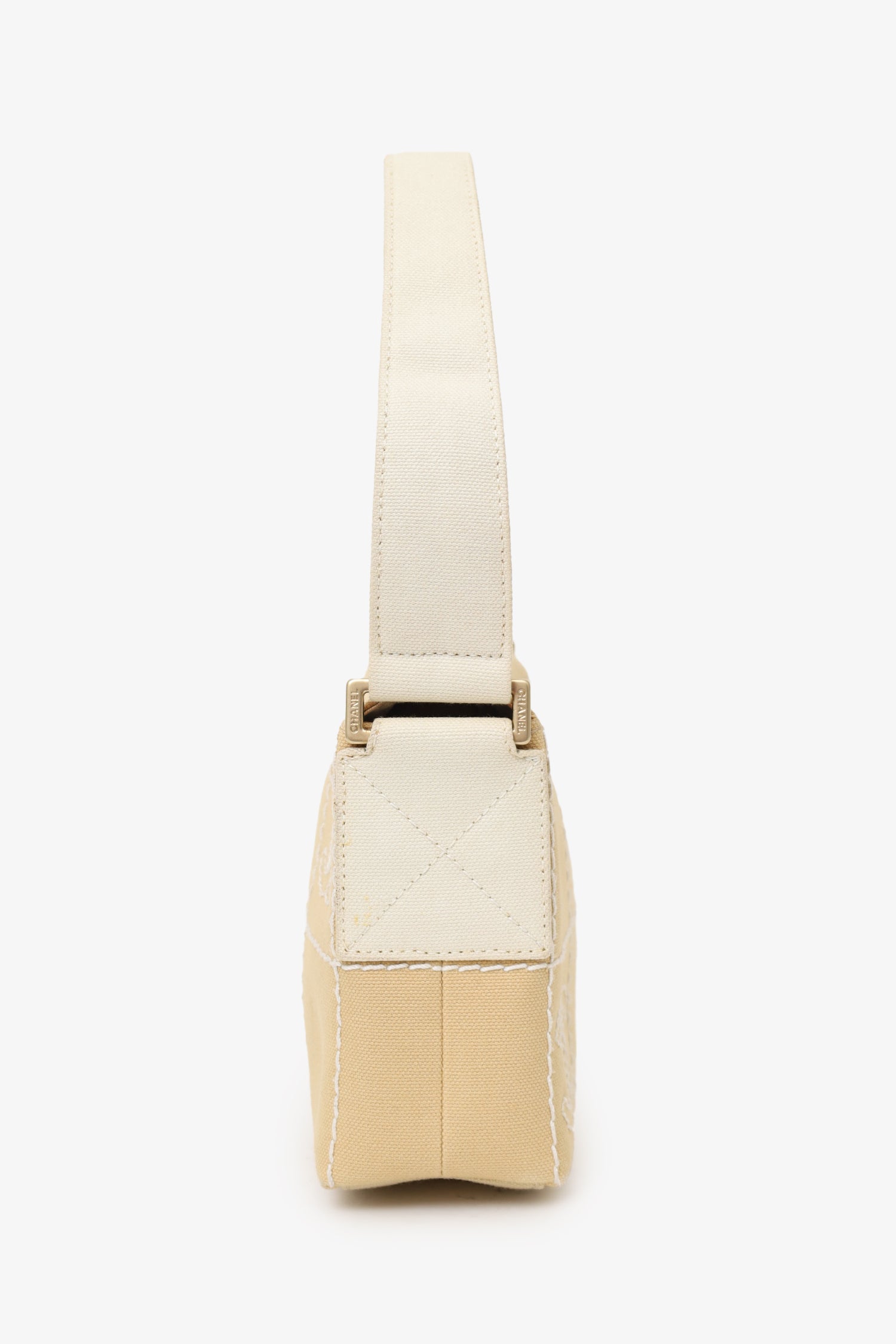 Pre-Loved Chanel™ 2003-04 Beige Canvas Chocolate Bar Mini Pochette