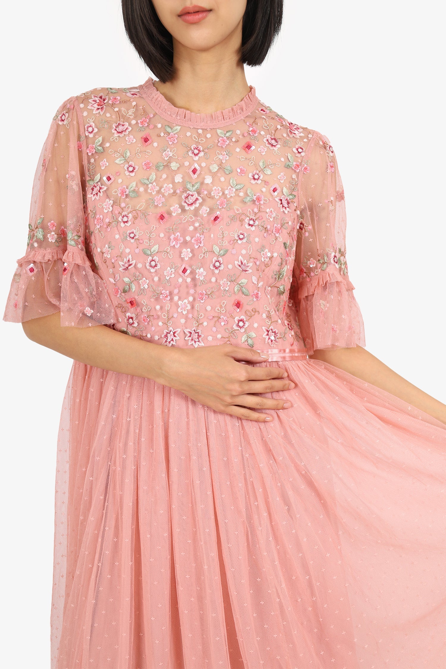 Needle & Thread Pink Floral Embroidery Tulle Short Sleeve Maxi Dress Size 12