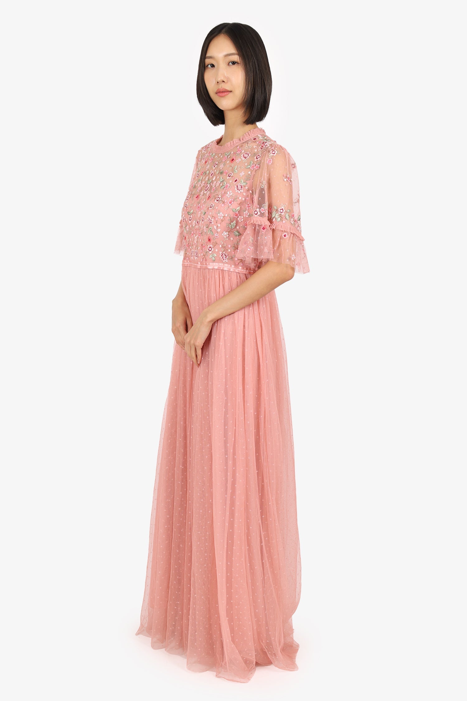 Needle & Thread Pink Floral Embroidery Tulle Short Sleeve Maxi Dress Size 12