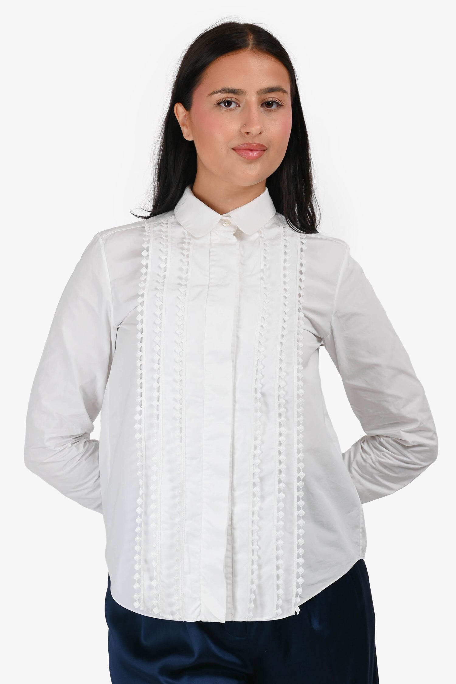 Chloe White Cotton Poplin Eyelet Detail Long Sleeve Blouse Size 38