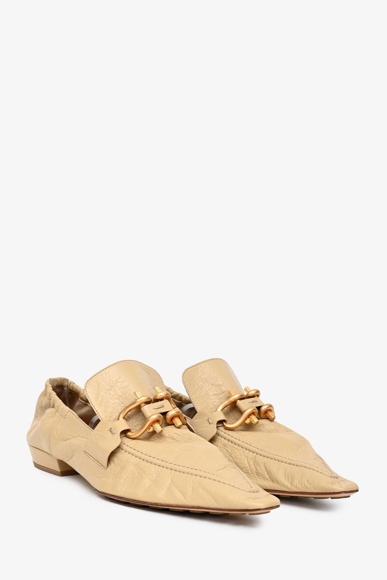 Bottega Veneta Beige Crinkled Leather Pointed Toe Gold Buckle Flats Size 39