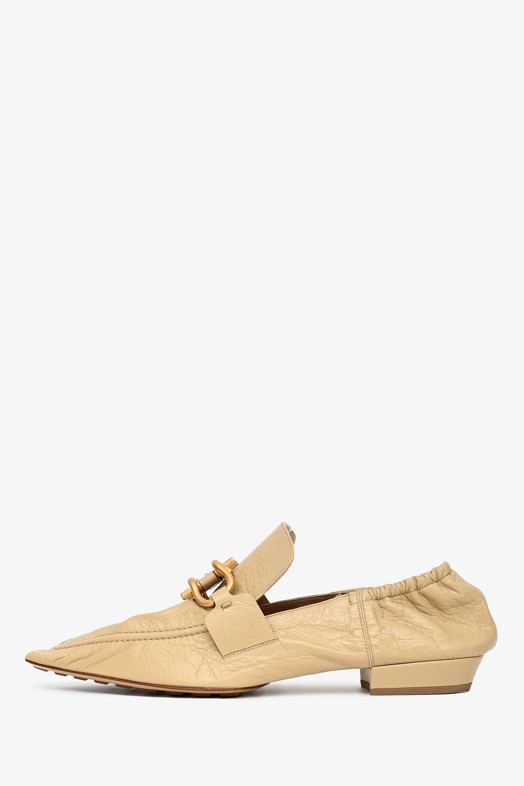 Bottega Veneta Beige Crinkled Leather Pointed Toe Gold Buckle Flats Size 39