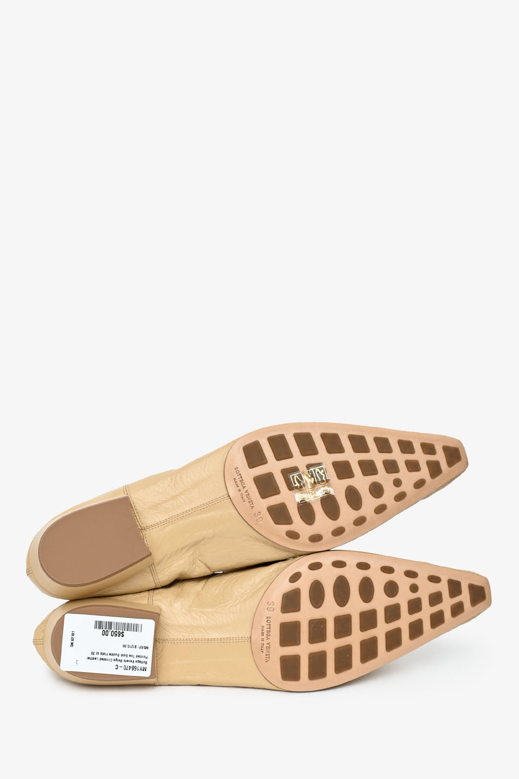 Bottega Veneta Beige Crinkled Leather Pointed Toe Gold Buckle Flats Size 39