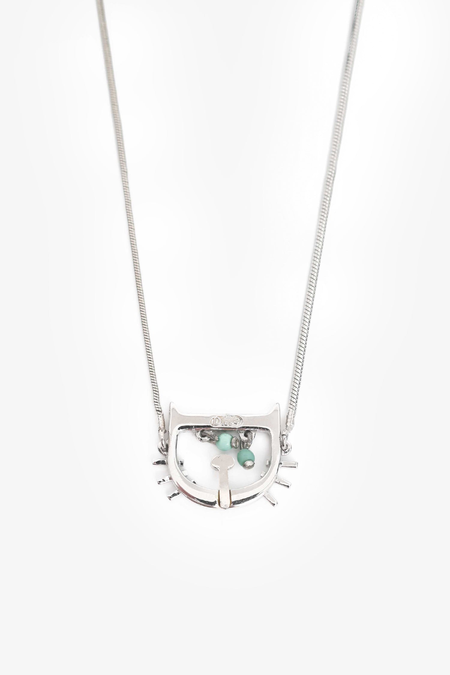 Christian Dior Silver Tone Metal D Cat Motif Necklace