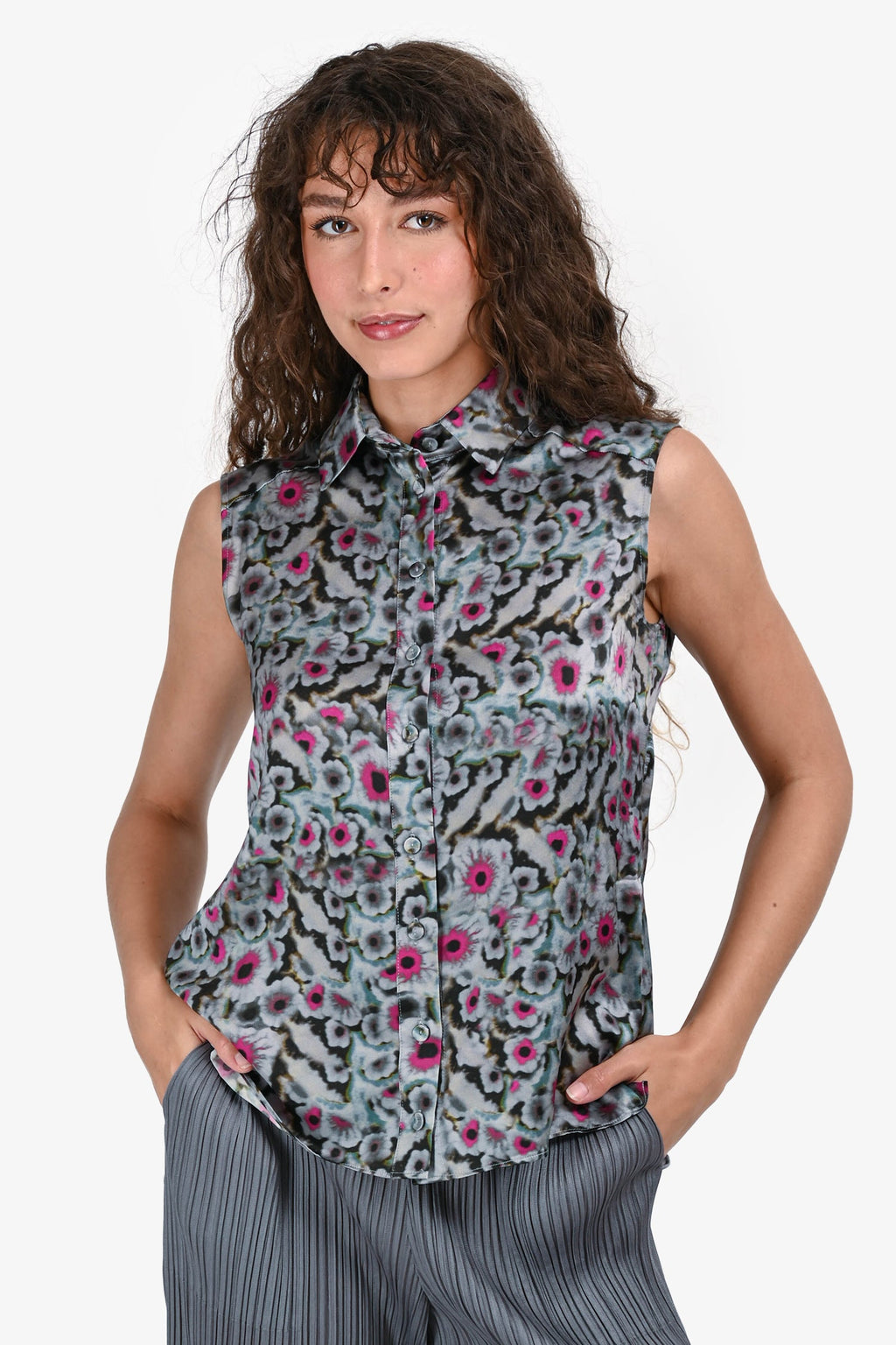 Erdem Grey/Pink Silk Floral Sleeveless Button Up Size 6