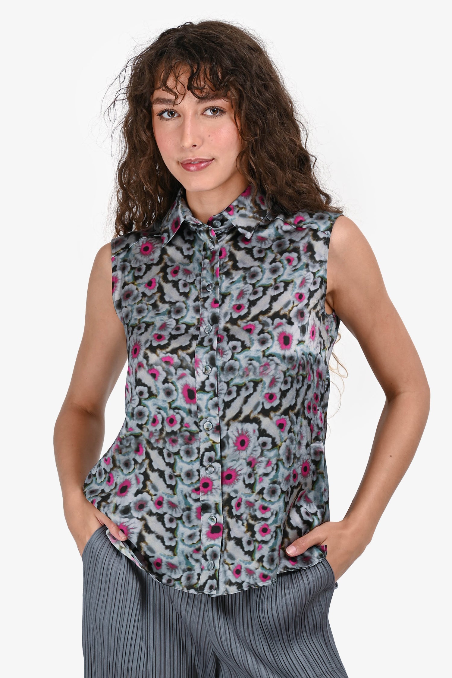 Erdem Grey/Pink Silk Floral Sleeveless Button Up Size 6