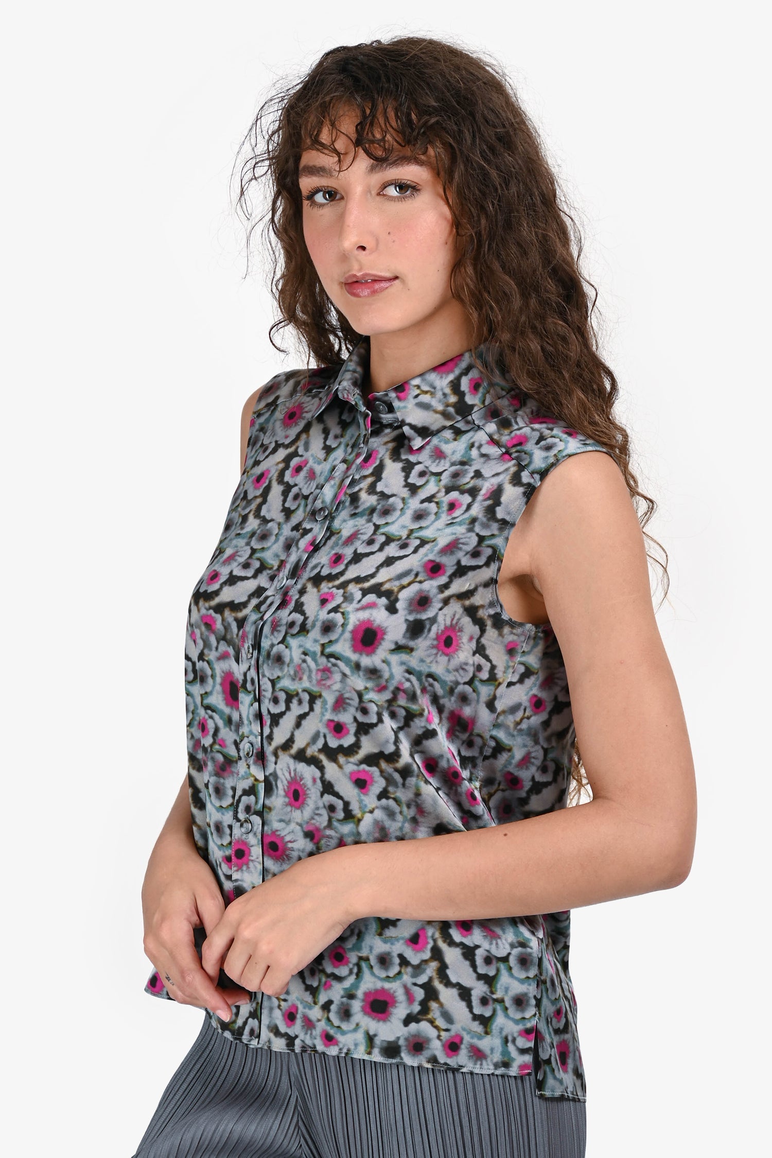 Erdem Grey/Pink Silk Floral Sleeveless Button Up Size 6