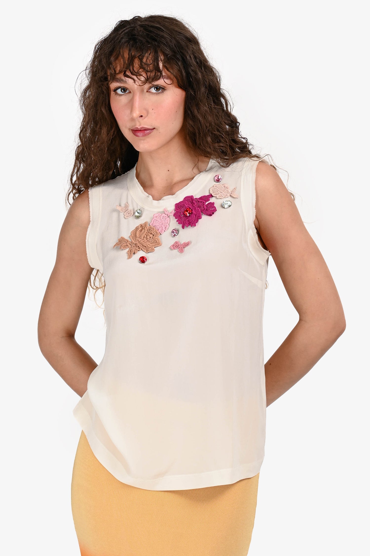 Dolce & Gabbana Cream Silk Pink Floral/Crystal Aplique Top Size 40