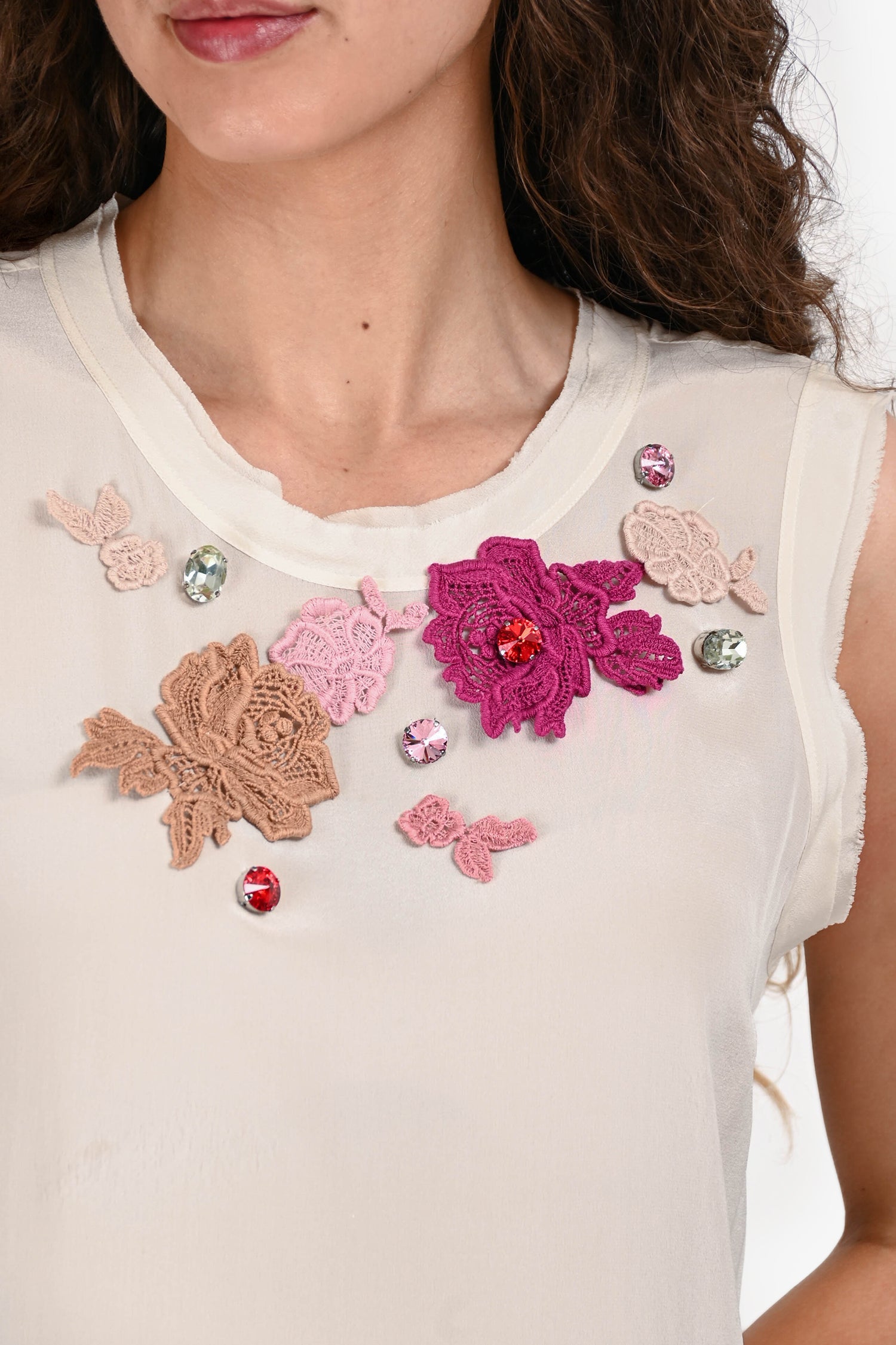 Dolce & Gabbana Cream Silk Pink Floral/Crystal Aplique Top Size 40