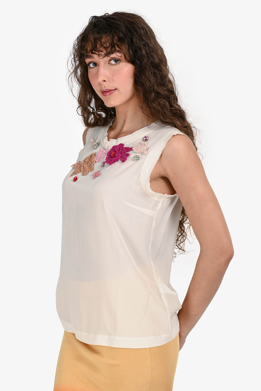 Dolce & Gabbana Cream Silk Pink Floral/Crystal Aplique Top Size 40
