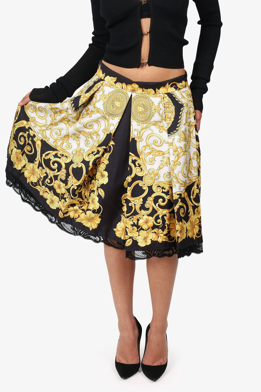 Versace Black/Yellow Silk Baroque Printed Lace Trim Skirt Size 46
