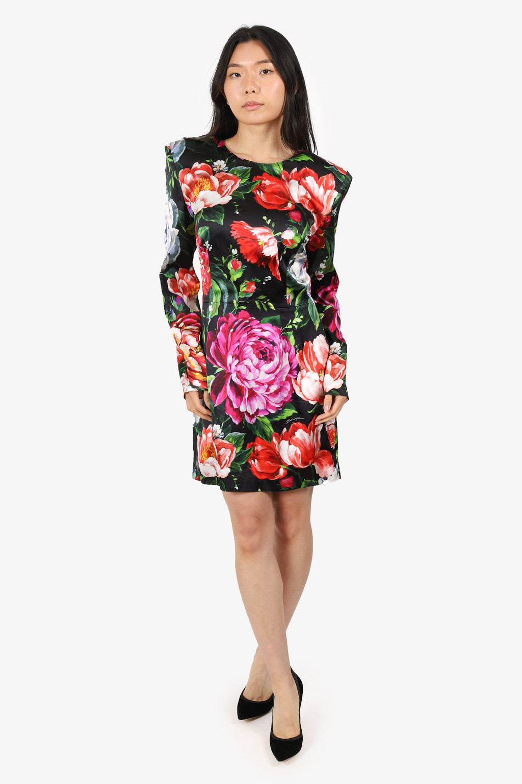 Dolce & Gabbana Black/Pink Floral Printed Knee Length Long Sleeve Shoulder Pad Dress Size 46