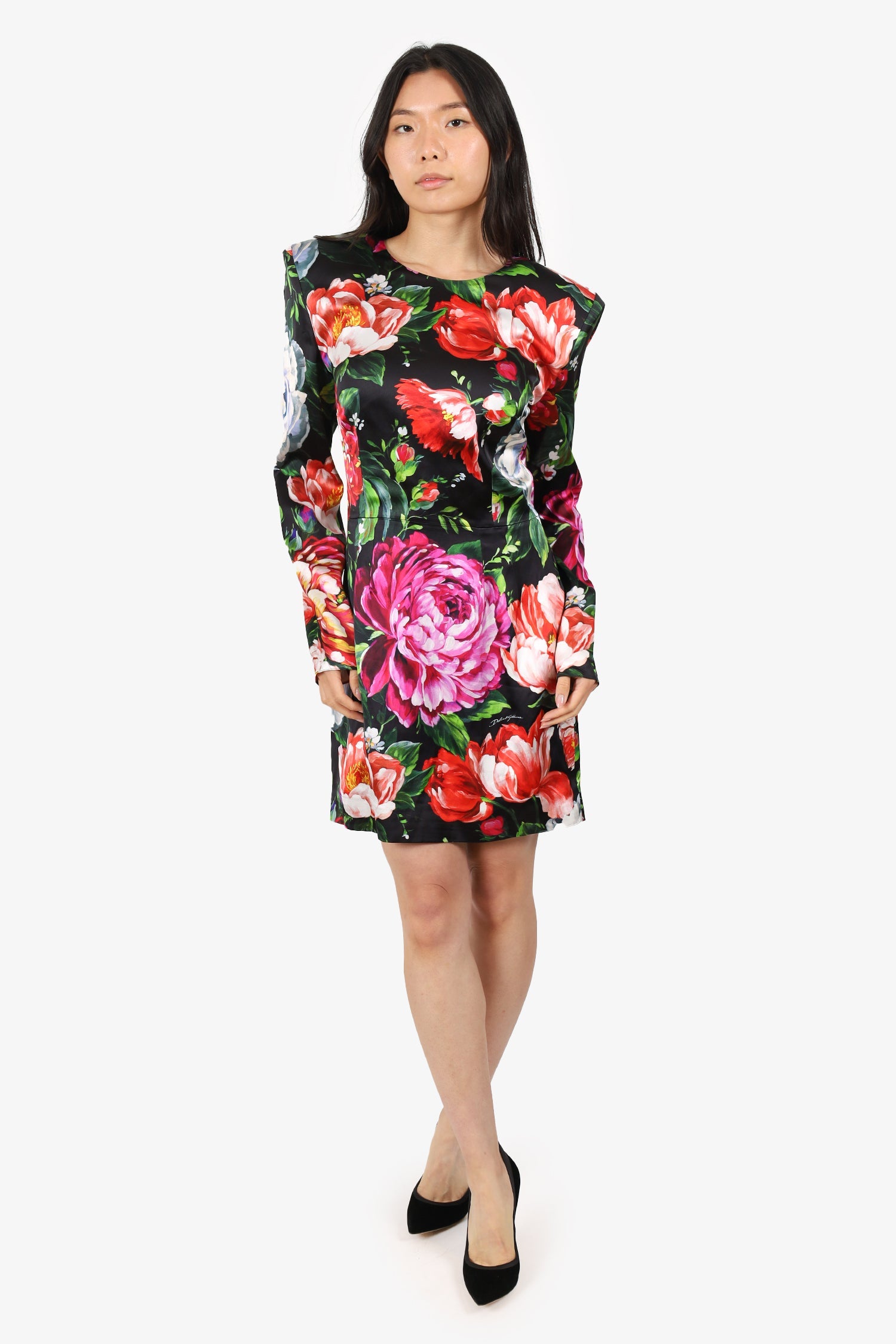 Dolce & Gabbana Black/Pink Floral Printed Knee Length Long Sleeve Shoulder Pad Dress Size 46