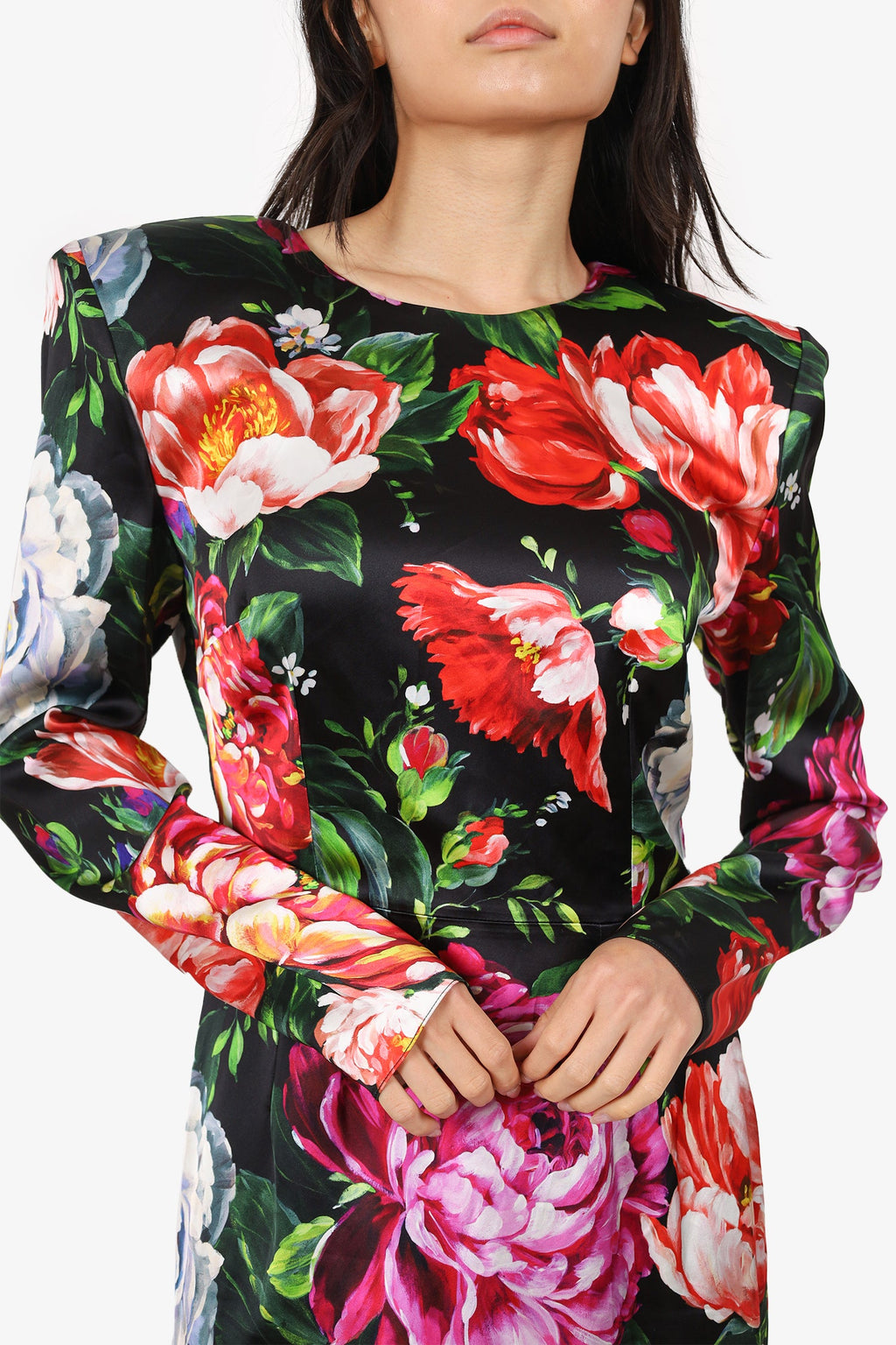 Dolce & Gabbana Black/Pink Floral Printed Knee Length Long Sleeve Shoulder Pad Dress Size 46