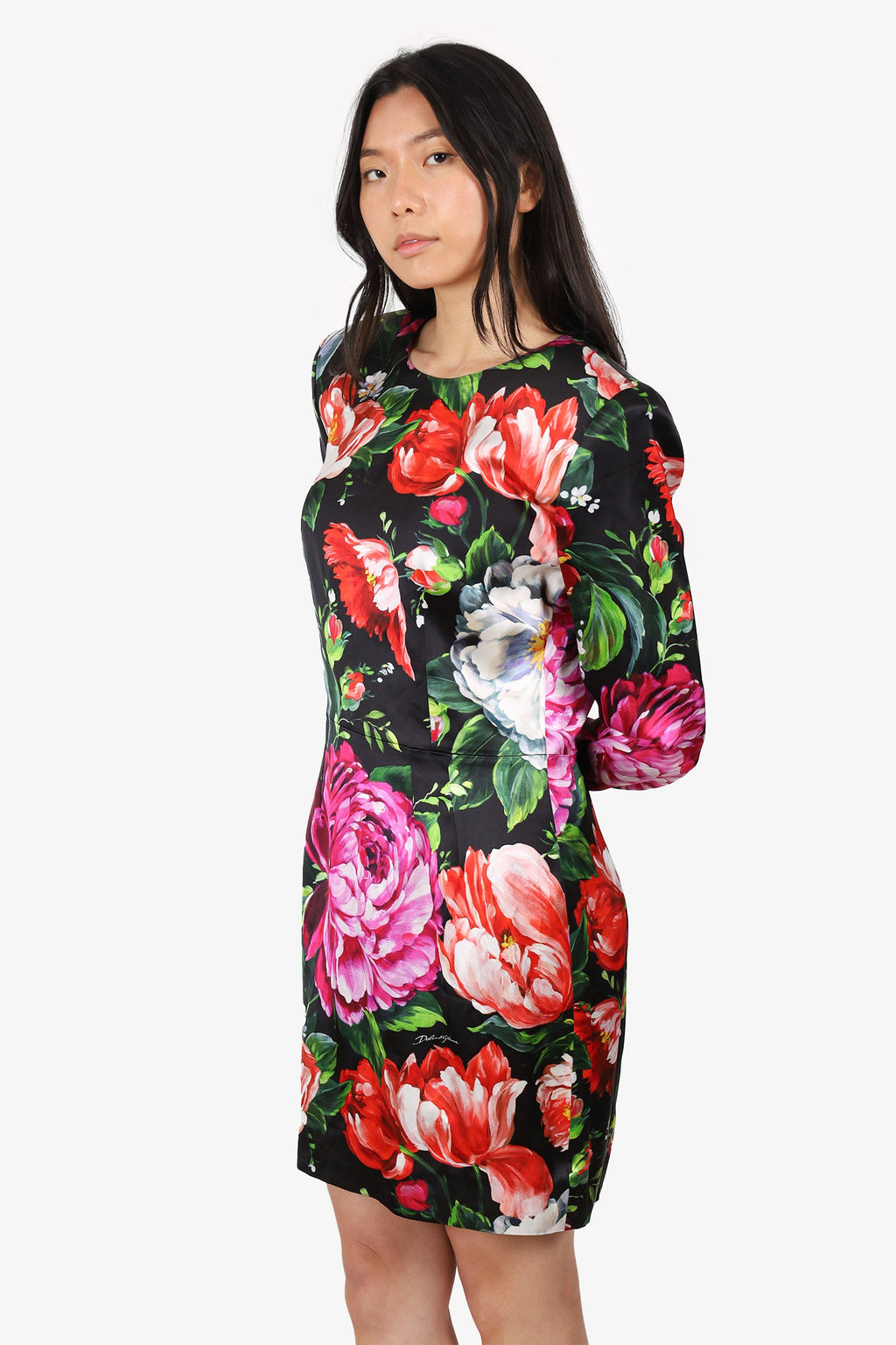 Dolce & Gabbana Black/Pink Floral Printed Knee Length Long Sleeve Shoulder Pad Dress Size 46