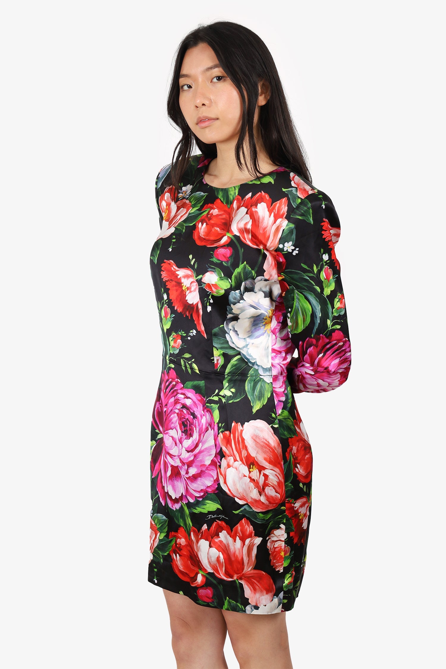 Dolce & Gabbana Black/Pink Floral Printed Knee Length Long Sleeve Shoulder Pad Dress Size 46