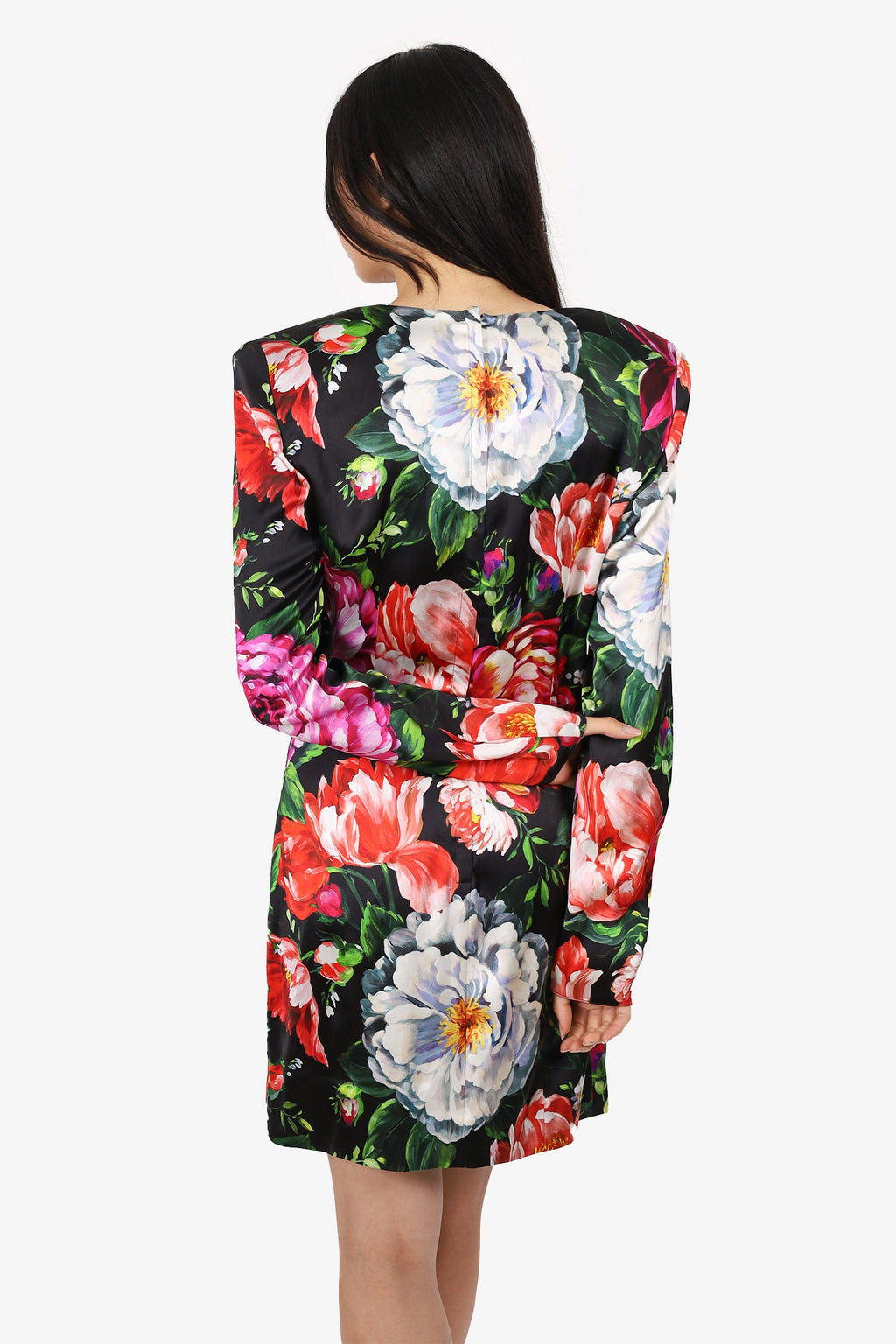 Dolce & Gabbana Black/Pink Floral Printed Knee Length Long Sleeve Shoulder Pad Dress Size 46