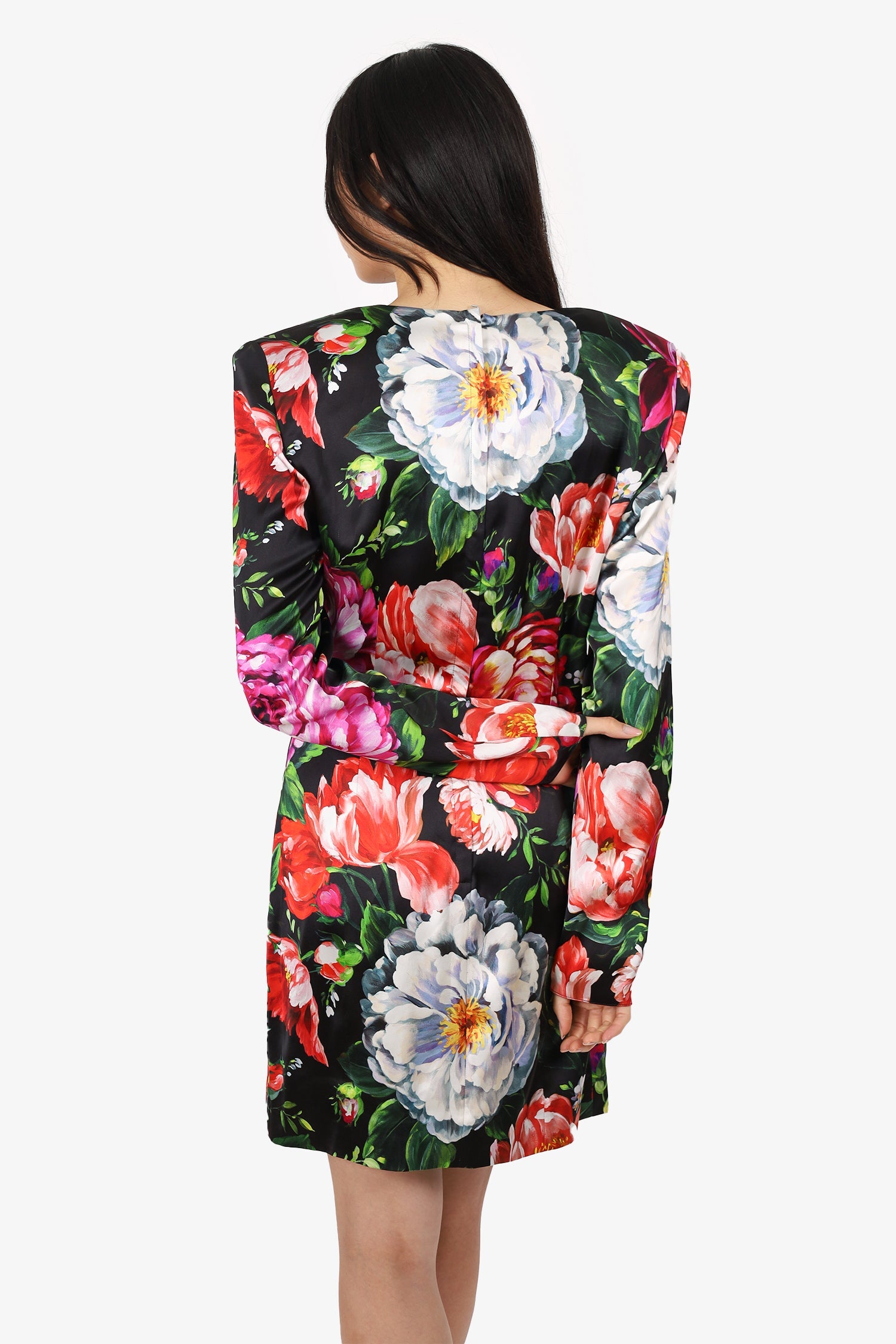 Dolce & Gabbana Black/Pink Floral Printed Knee Length Long Sleeve Shoulder Pad Dress Size 46