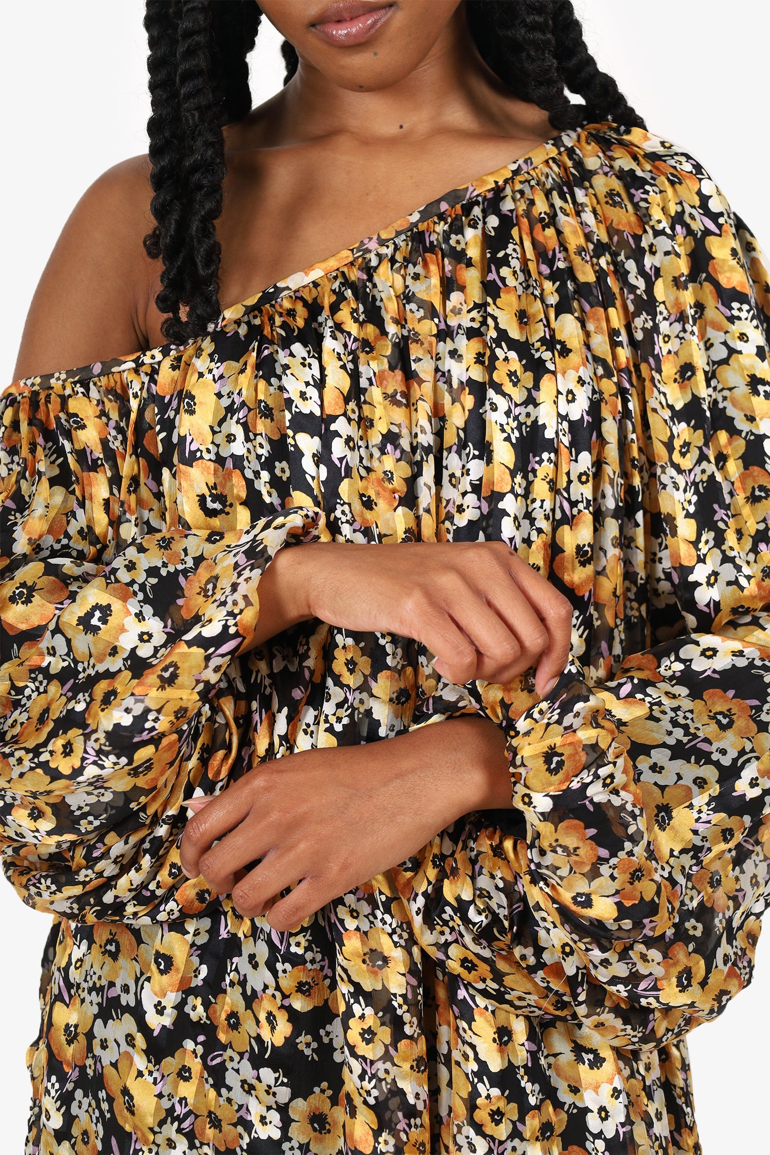 Saint Laurent Black/Yellow Silk Floral Print Puff Sleeve Mini Dress Size 40