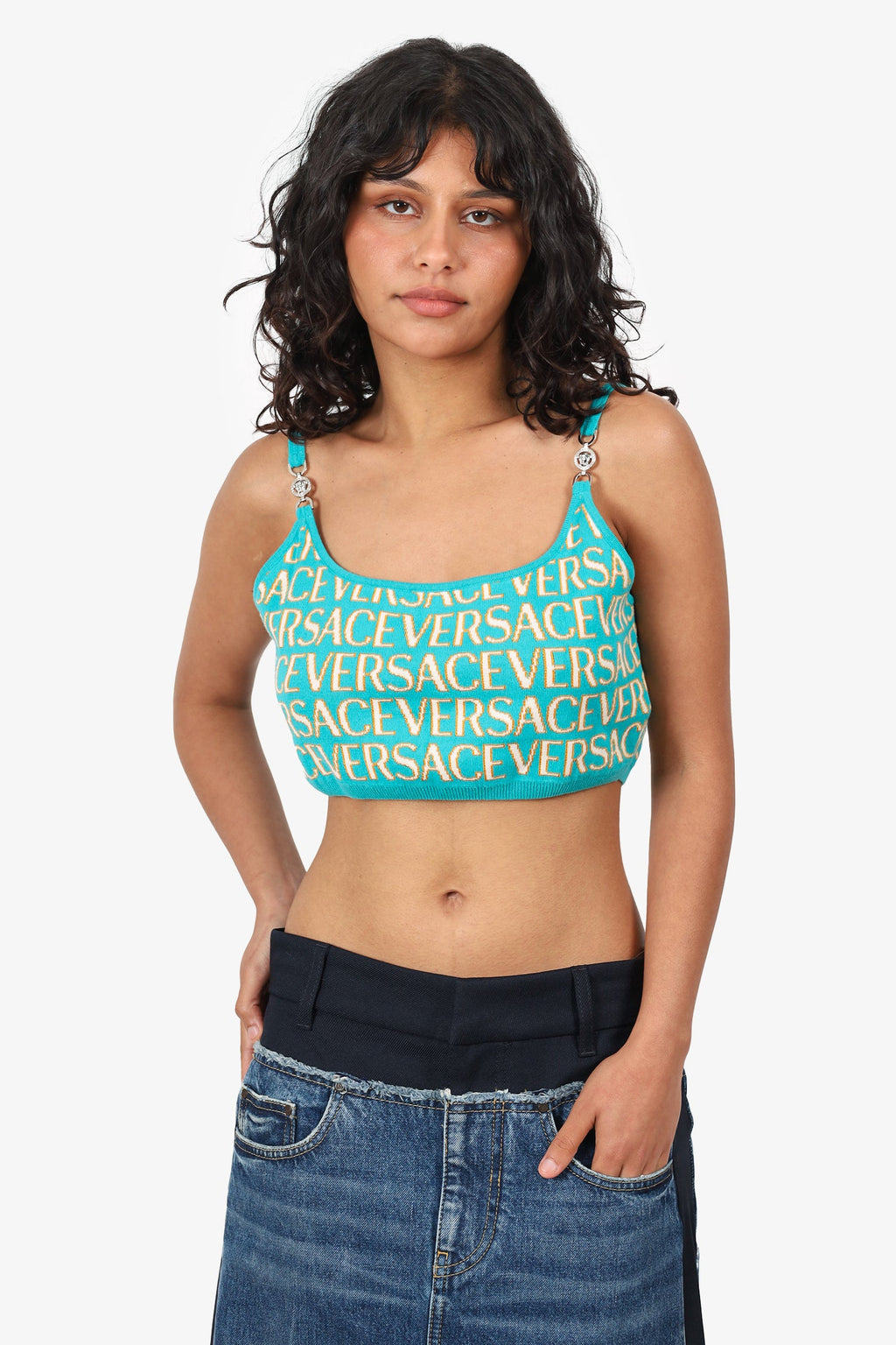 Versace Turquoise/Yellow Logo Knit Cropped Top Size 44