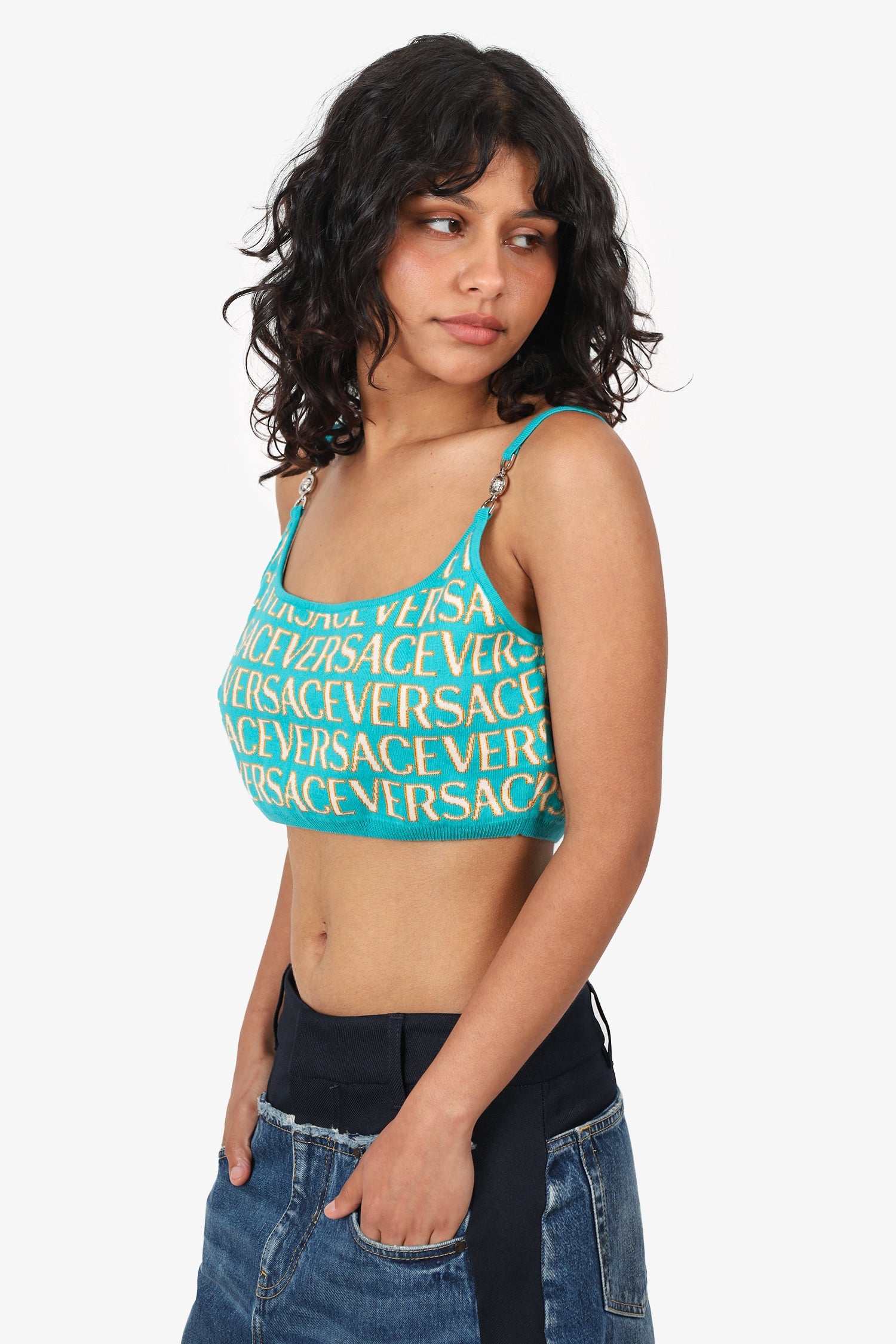 Versace Turquoise/Yellow Logo Knit Cropped Top Size 44