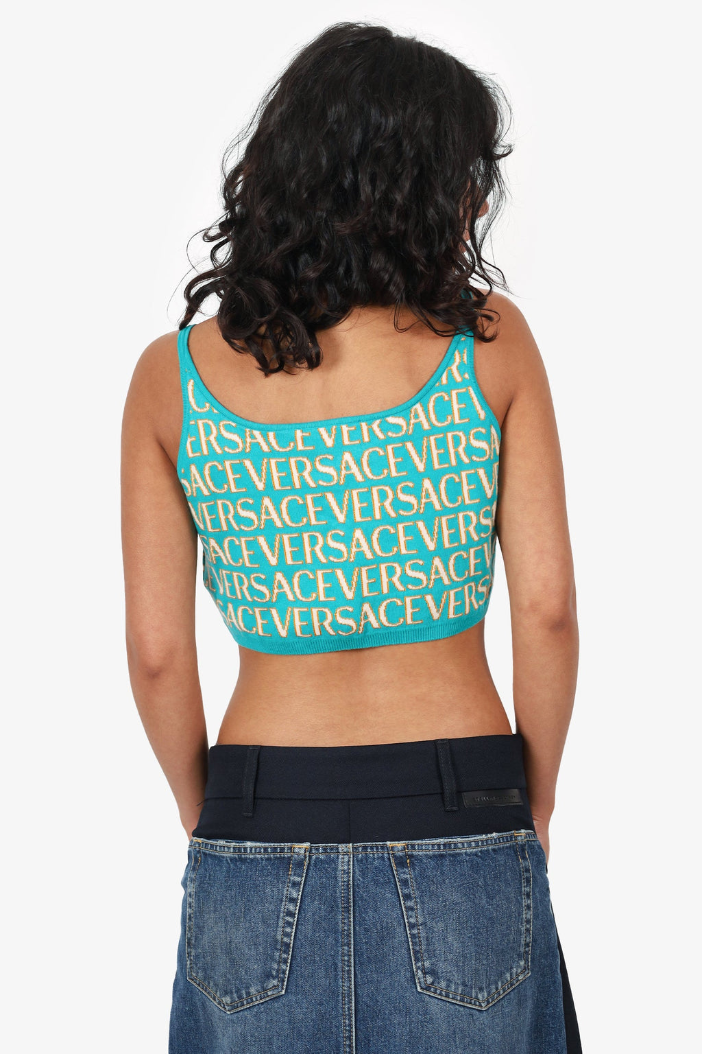 Versace Turquoise/Yellow Logo Knit Cropped Top Size 44