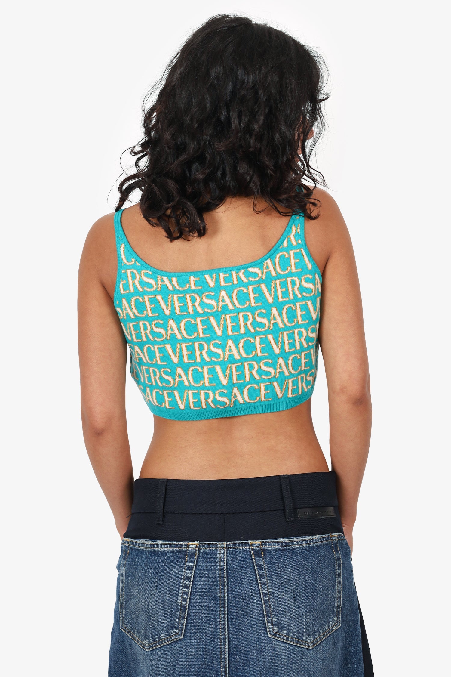 Versace Turquoise/Yellow Logo Knit Cropped Top Size 44