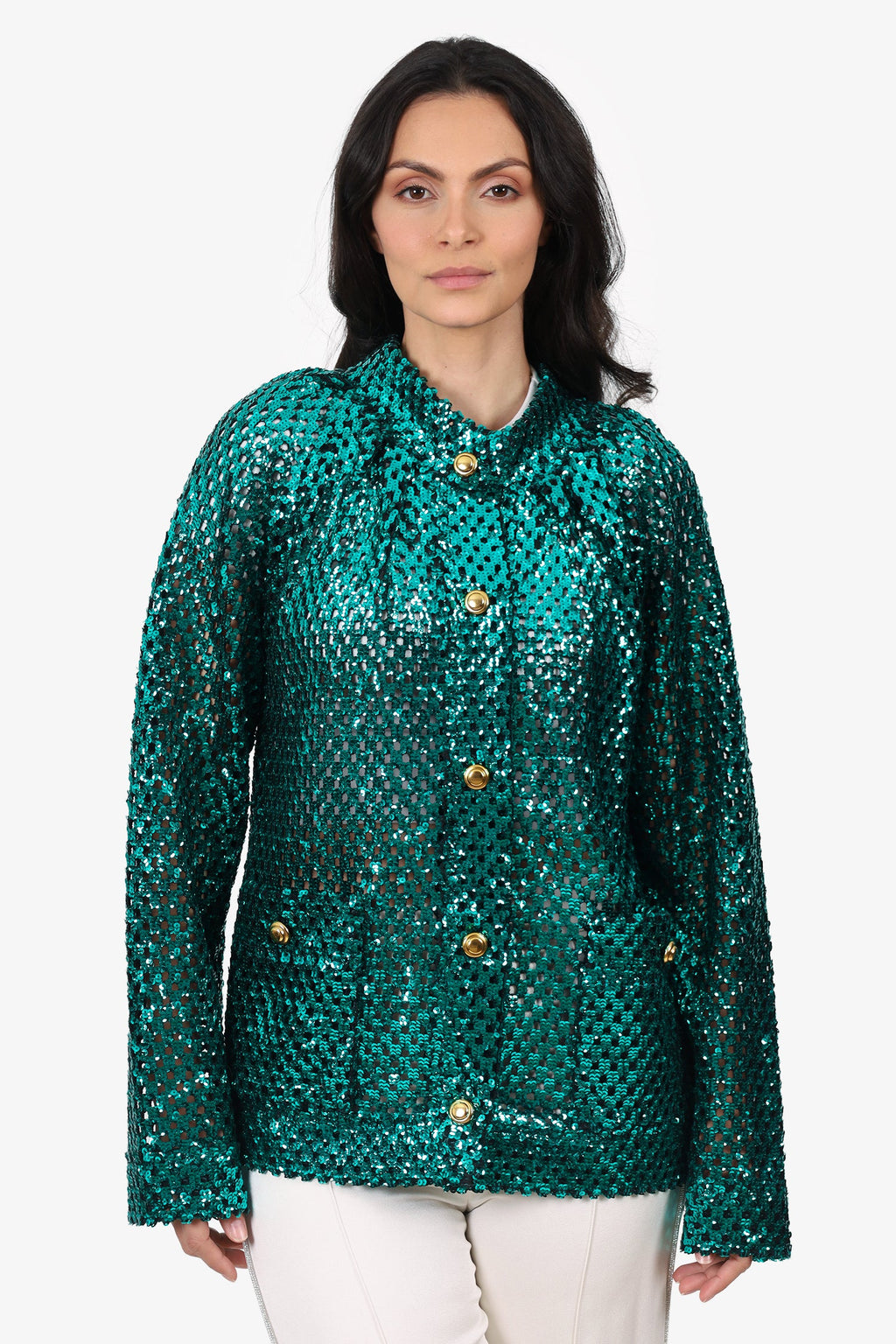 Gucci Green Sequin Gold Button Jacket Size S