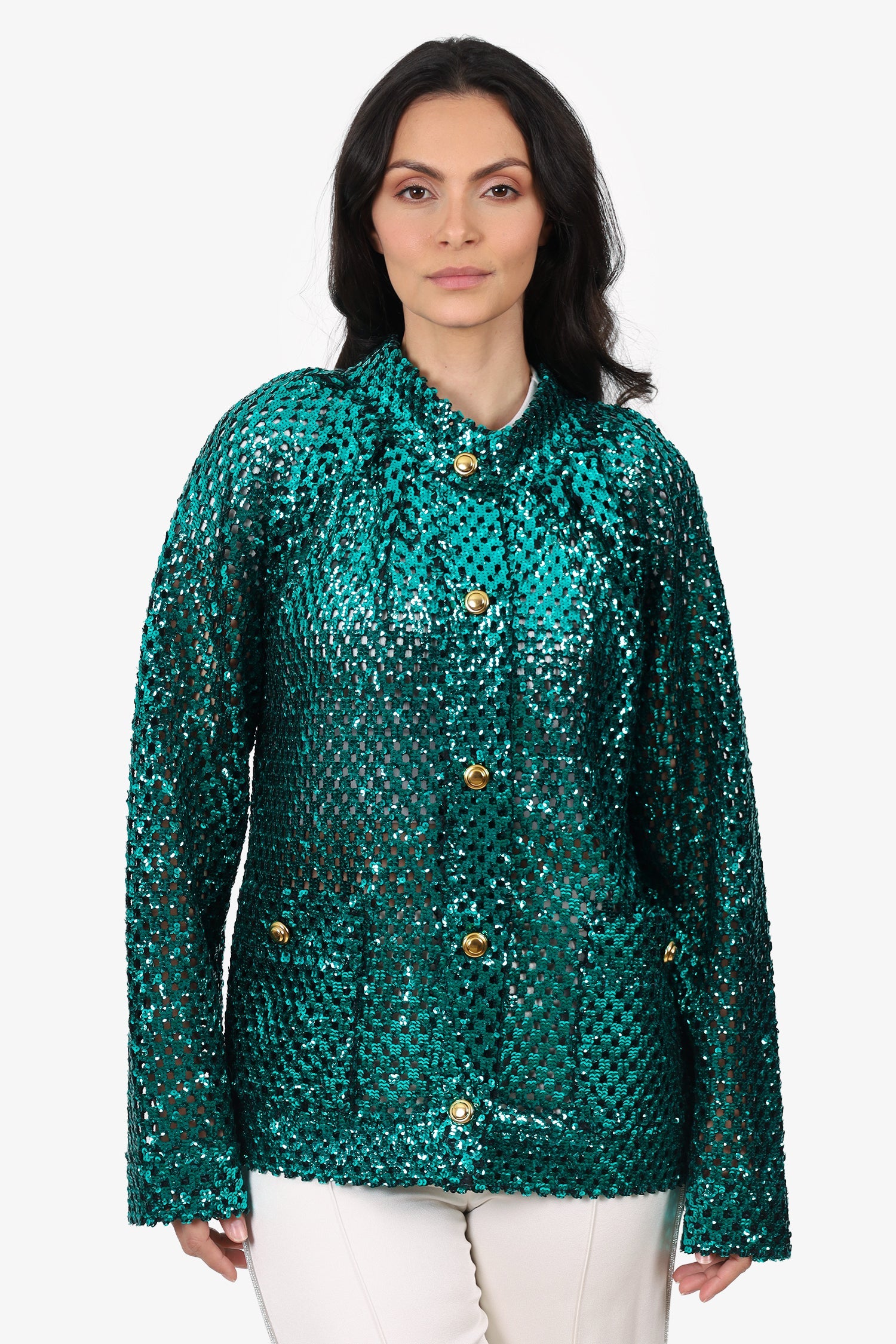 Gucci Green Sequin Gold Button Jacket Size S