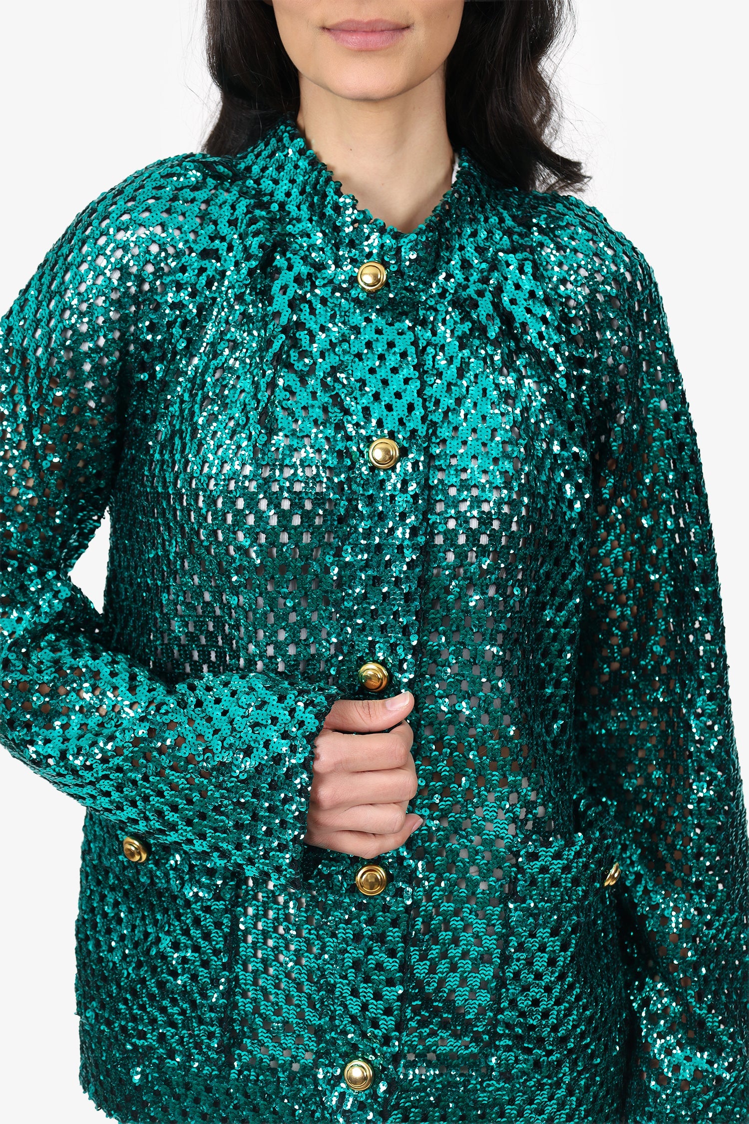 Gucci Green Sequin Gold Button Jacket Size S