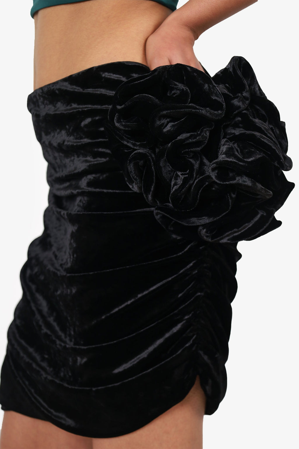 Magda Butrym Black Velvet Ruched Flower Skirt Size 38