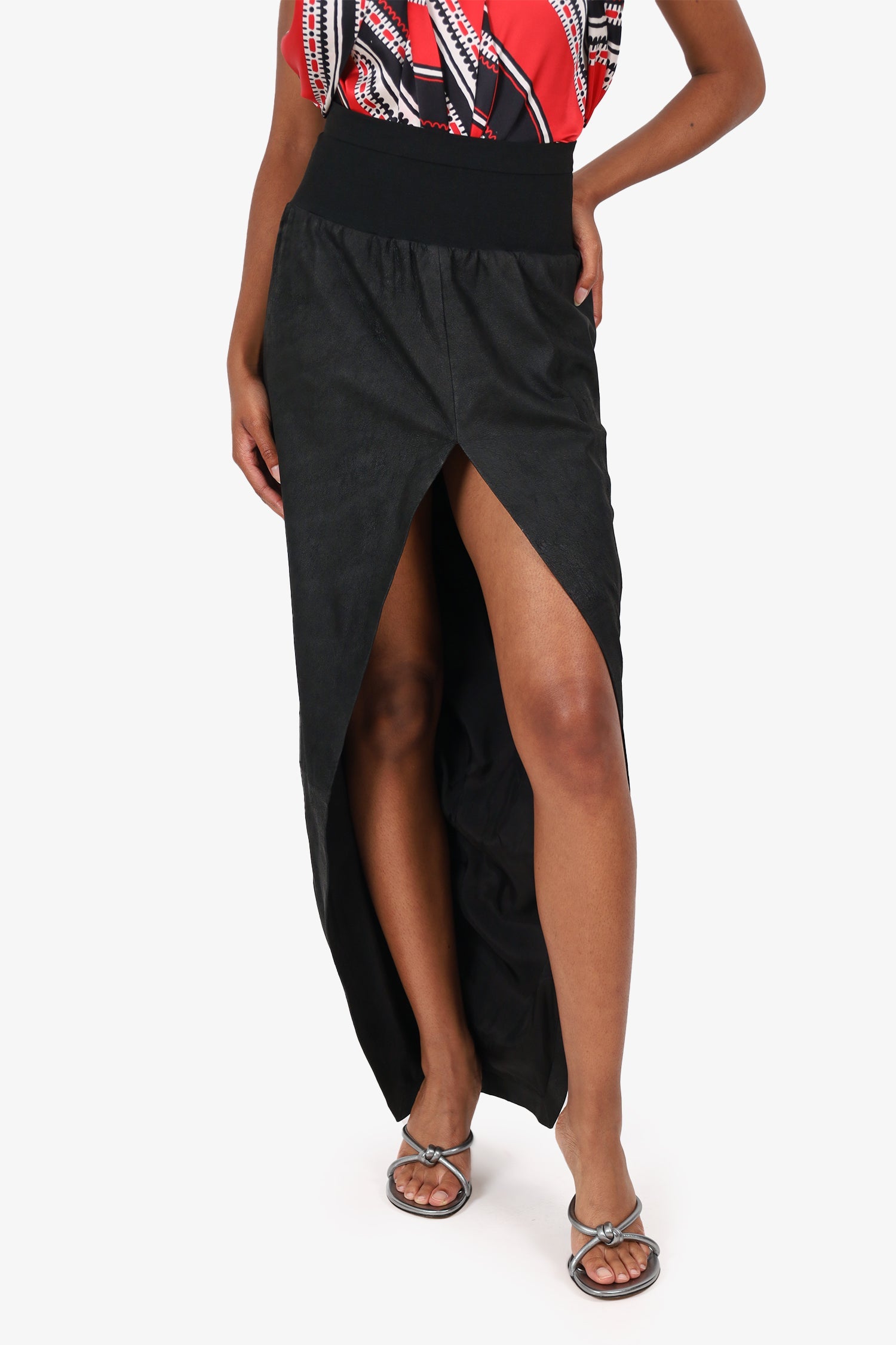 Rick Owens Black Leather Side Slit Maxi Skirt Size 8