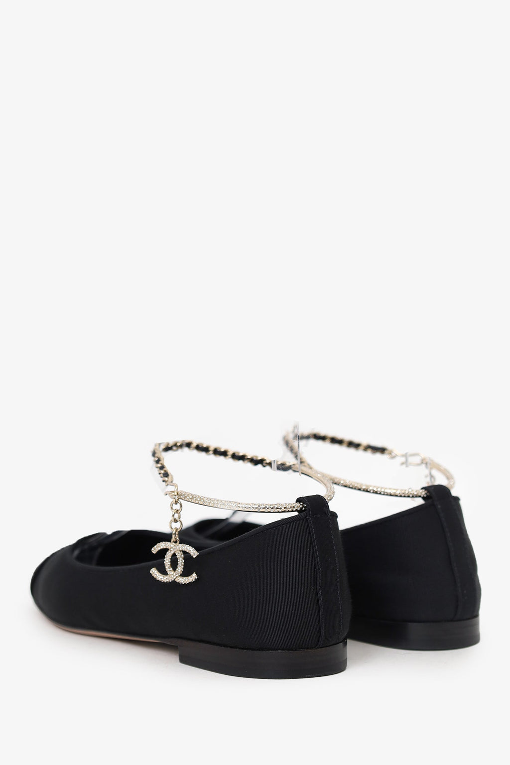 Pre-Loved Chanel™ Black Cap Toe Ankle 'CC' Chain Strap Ballet Flats Size 37