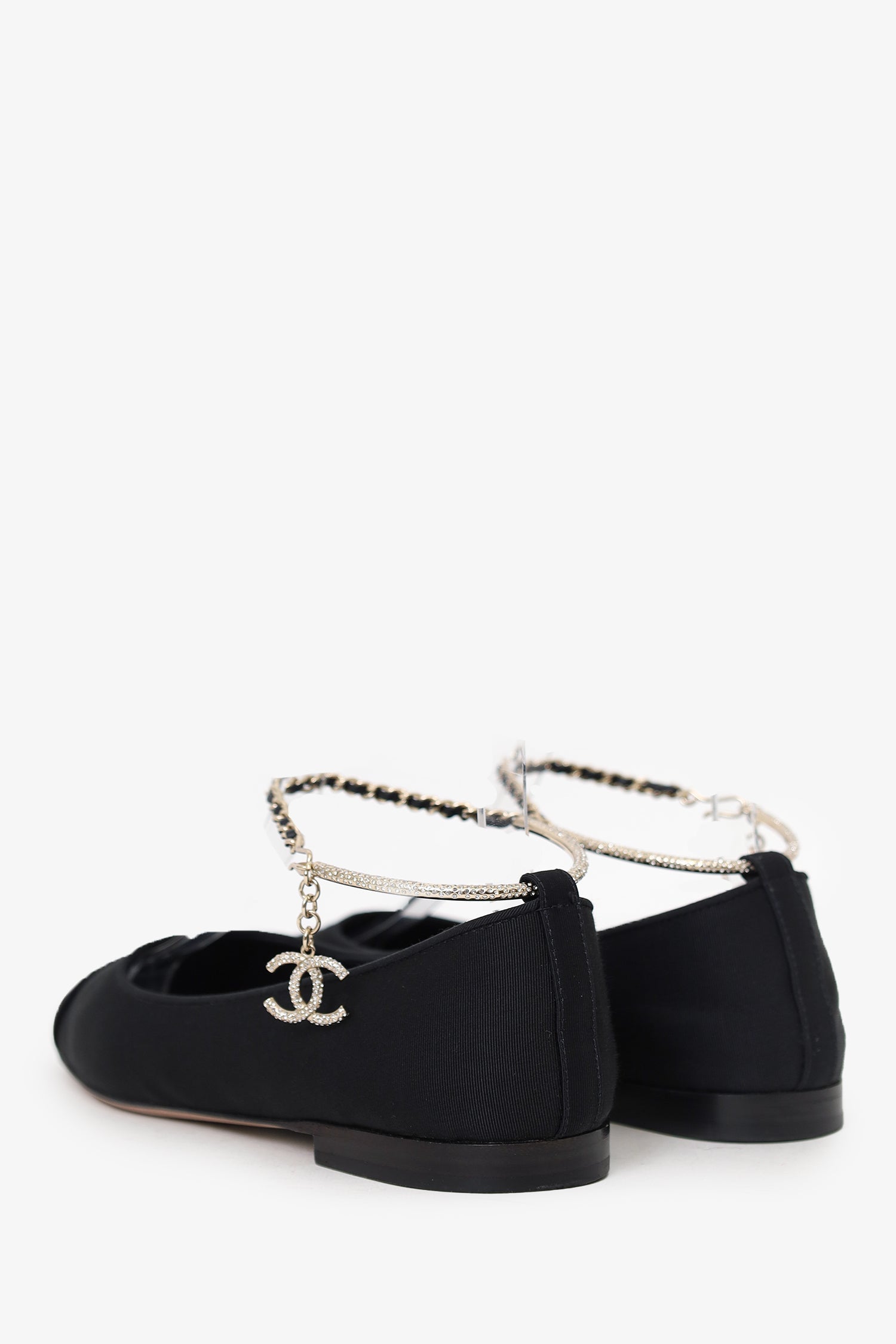 Pre-Loved Chanel™ Black Cap Toe Ankle 'CC' Chain Strap Ballet Flats Size 37