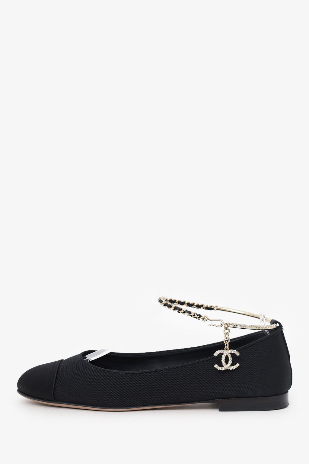 Pre-Loved Chanel™ Black Cap Toe Ankle 'CC' Chain Strap Ballet Flats Size 37