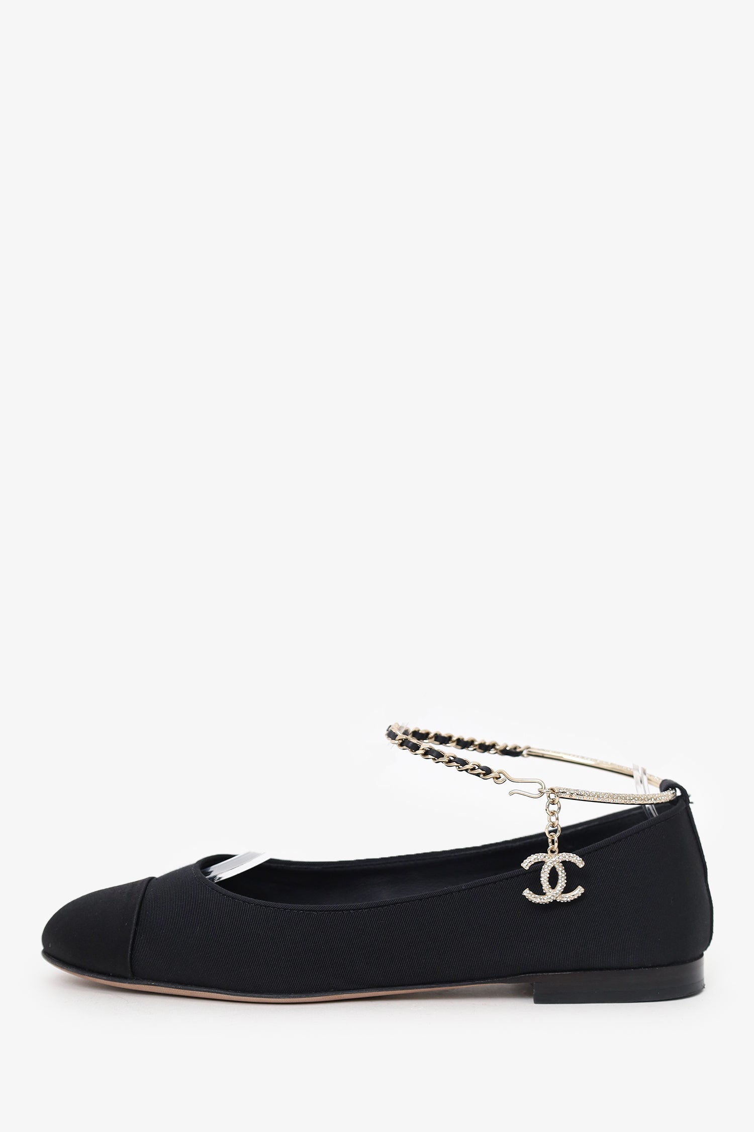 Pre-Loved Chanel™ Black Cap Toe Ankle 'CC' Chain Strap Ballet Flats Size 37