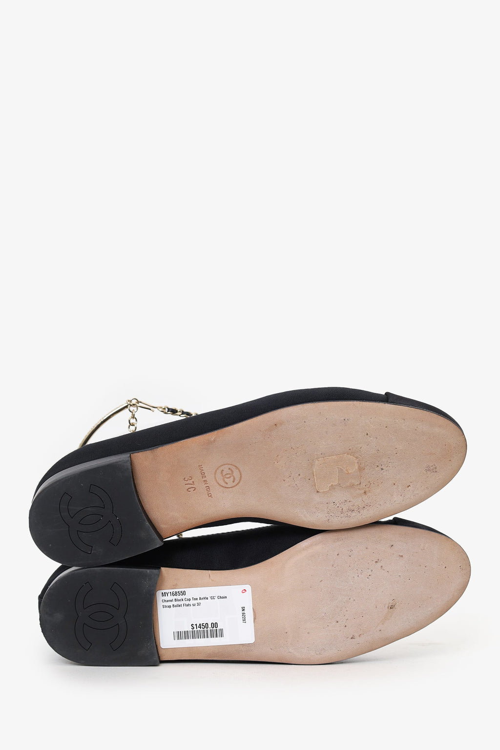 Pre-Loved Chanel™ Black Cap Toe Ankle 'CC' Chain Strap Ballet Flats Size 37