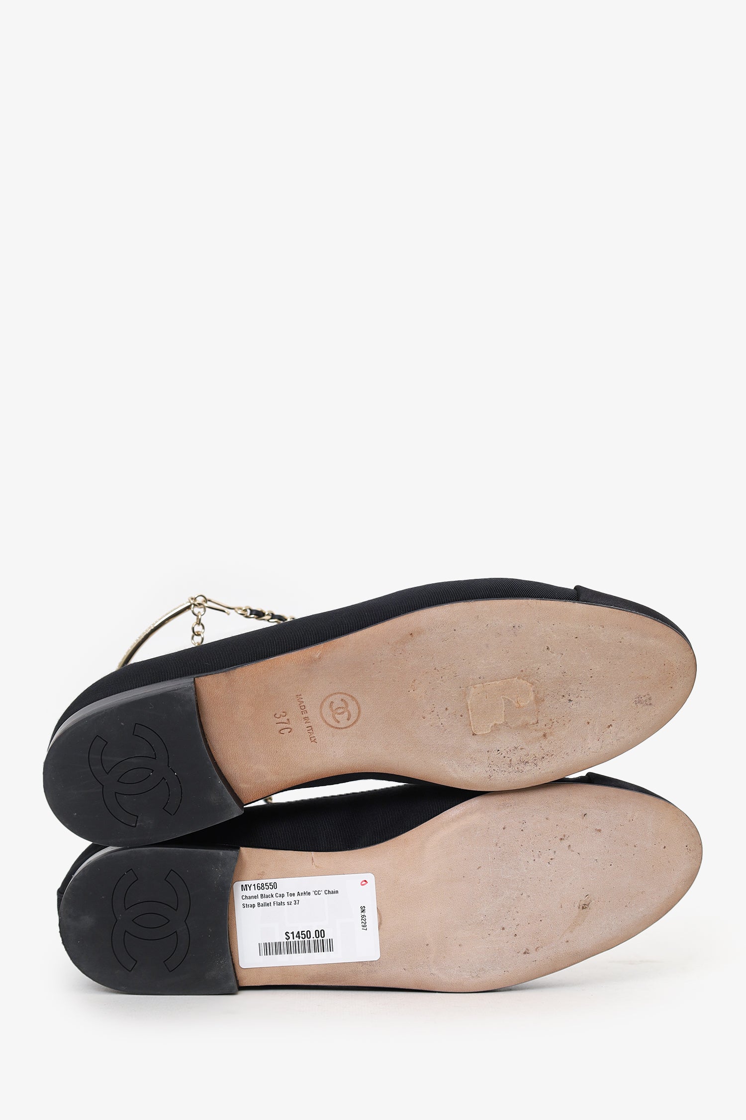 Pre-Loved Chanel™ Black Cap Toe Ankle 'CC' Chain Strap Ballet Flats Size 37