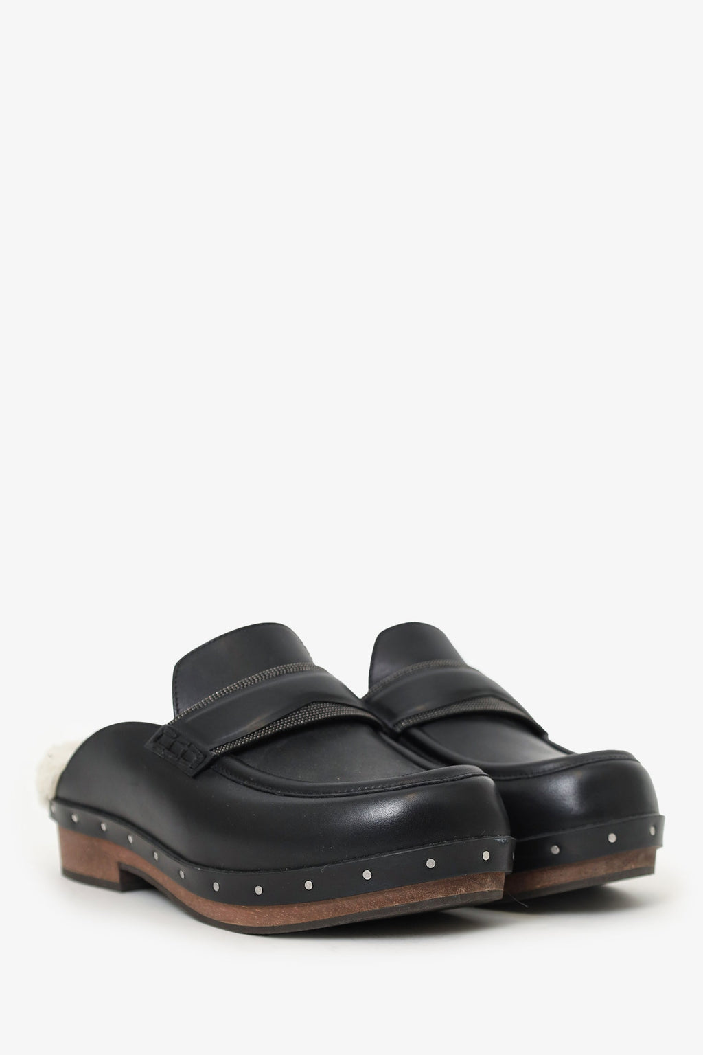 Brunello Cucinelli Black Shearling-Lined Leather Clogs Size 36